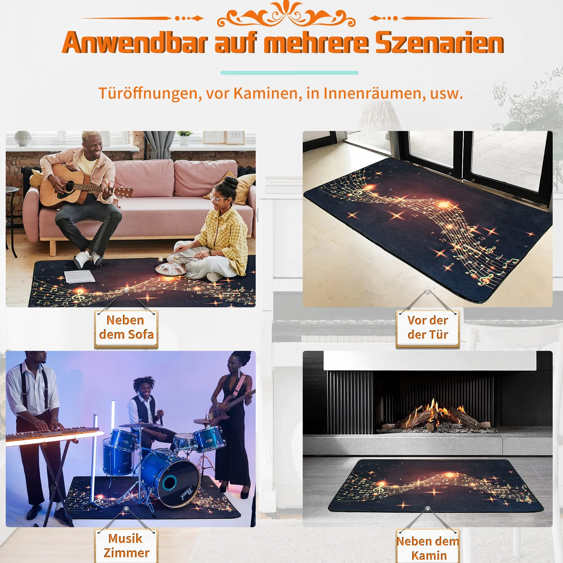 OUUTMEE Schlagzeugteppich Drum Teppich Musiksymbolmuster 152x122cm | Rutschfeste Trommelmatte, schalldämmende Unterlage, elektronisches Schlagzeug-Übungspad