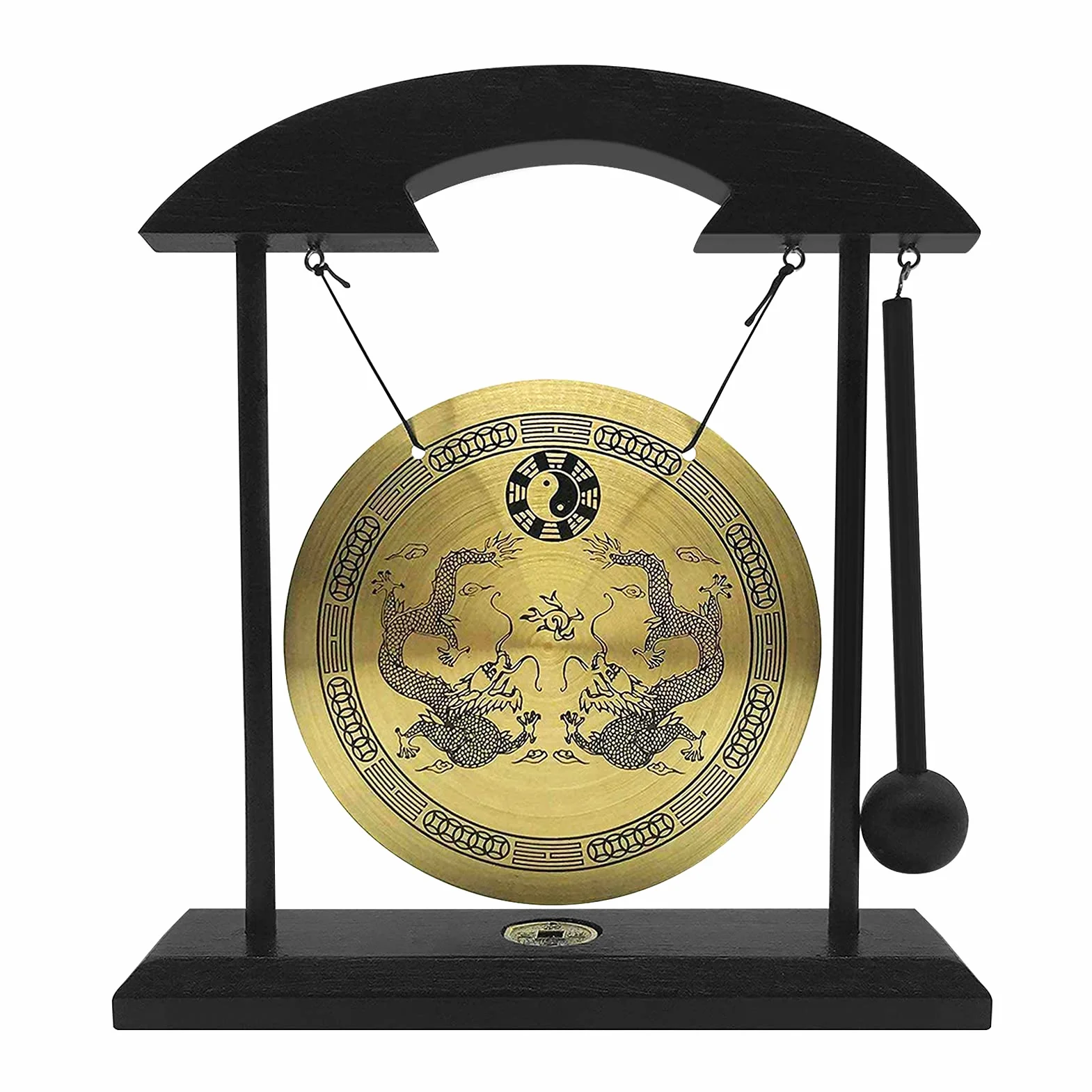 Chinesischer Desktop-Gong, Desktop Gongschlag mit Holzsockel Zen-Dekoration aus Holz und Kupfer, für Zuhause Büro Wohnzimmer (Doppelte Drachen)