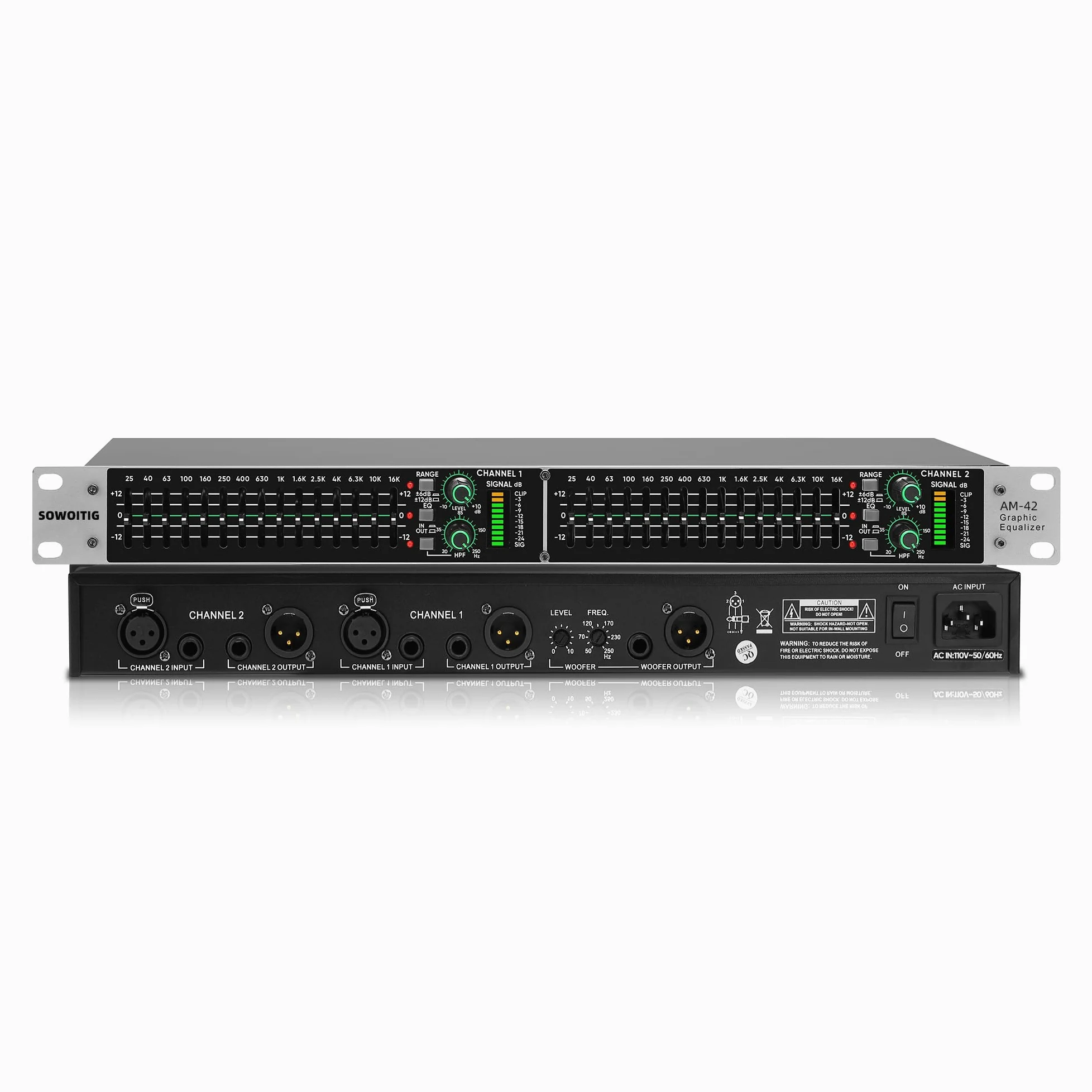 Stereo Grafik-Equalizer mit 15-Band-EQ für Heimaudio-System, Rackmount Dual-Channel DJ-Equalizer mit Subwoofer-Ausgang und Rauschunterdrückung