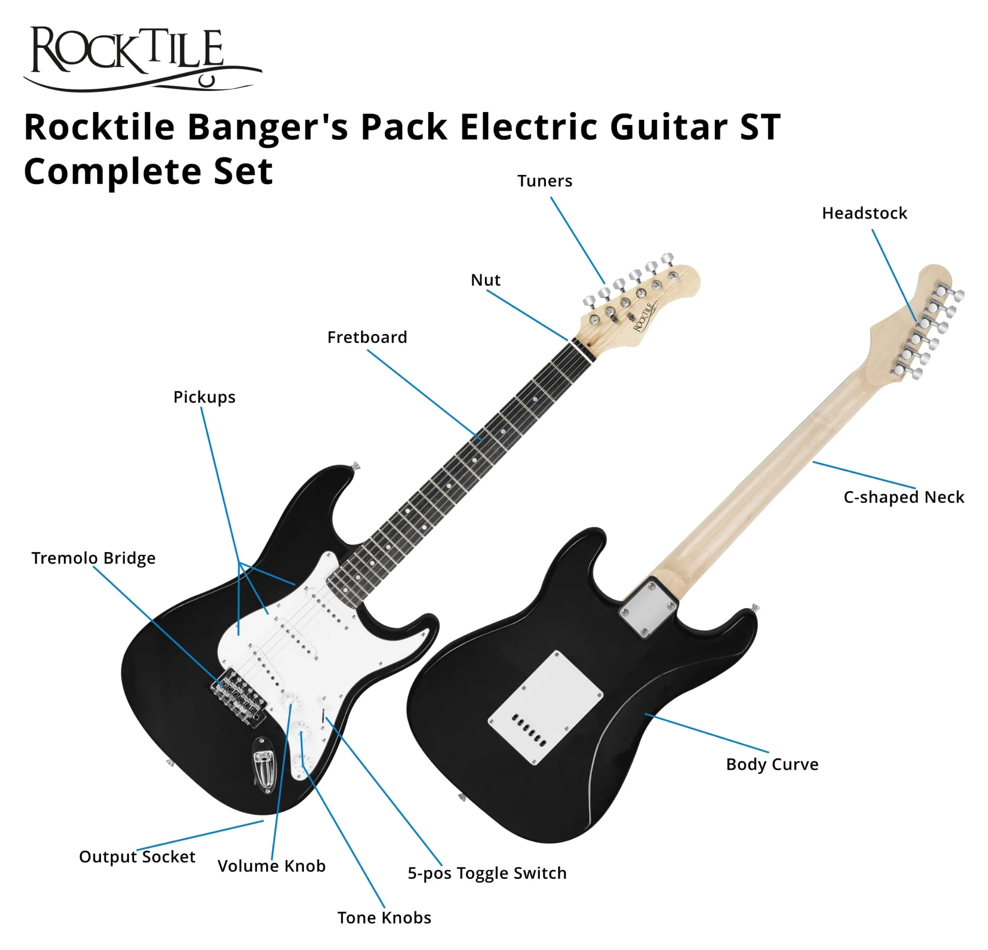 Rocktile ST-Pack Komplettset E-Gitarre Black (Verstärker, Stimmgerät, Tremolo, Tasche, Kabel, Gurt, Plecs, Ersatzsaiten und Schule mit CD/DVD)