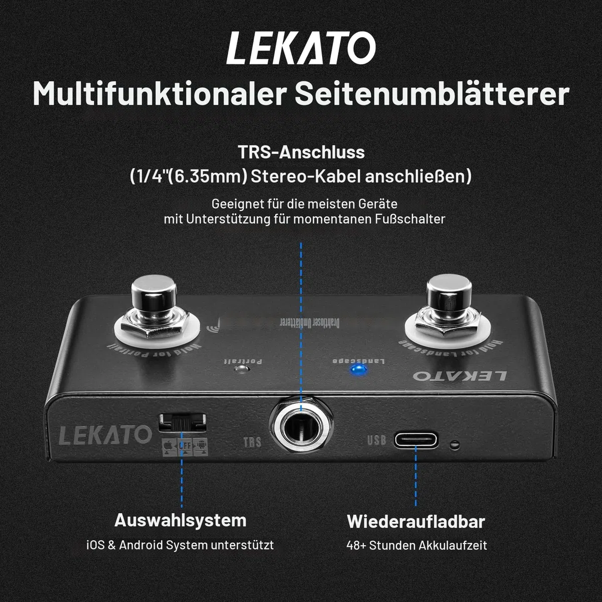 LEKATO Wireless Page Turner Pedal External Page Tuner Pedal Wireless for LEKATO Loops Pedal with Multi Loops Control and Smartphones Tablets with Android System Free Your Hand