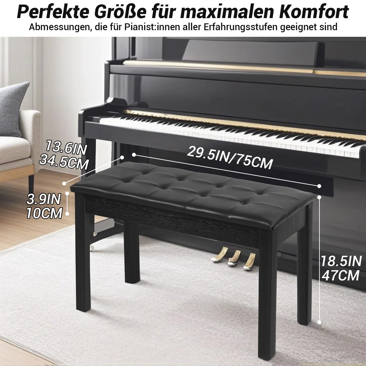 SUNDOY 75 cm Klavierbank aus Massivholz – Schwarzer Klavierhocker mit Weichem Sitzkissen – Modernes, minimalistisches Design, Korrosionsbeständig & Stabil – Für E-Piano & Keyboard, Schwarzer