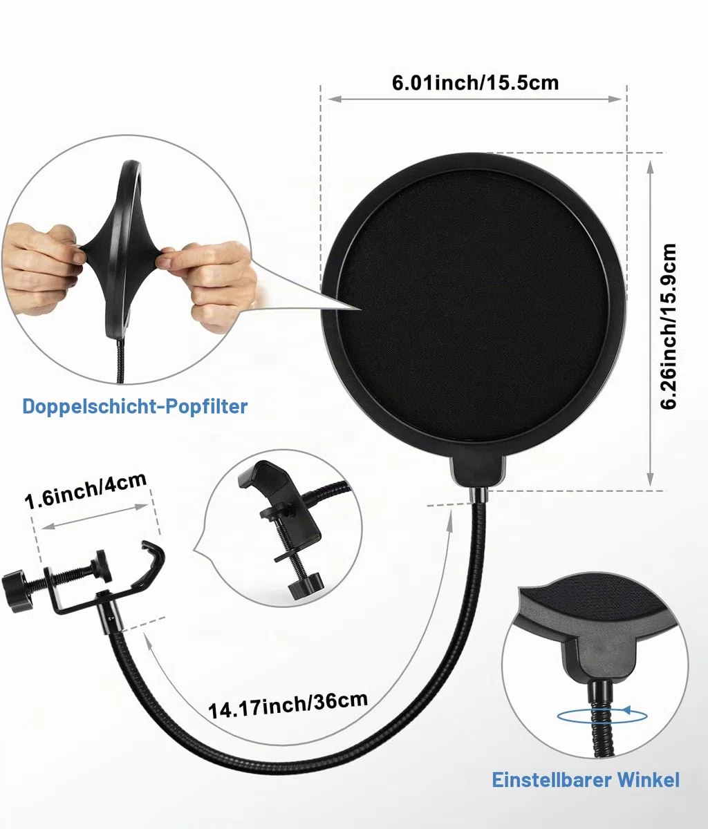 BILIONE Schreibtisch-Mikrofonständer Verbesserter, Verstellbarer Mikrofonständer mit Pop-Filter, Schockhalterung, Mikrofonclip, 1,6 cm auf 0,95 cm Metallschraubenadapter