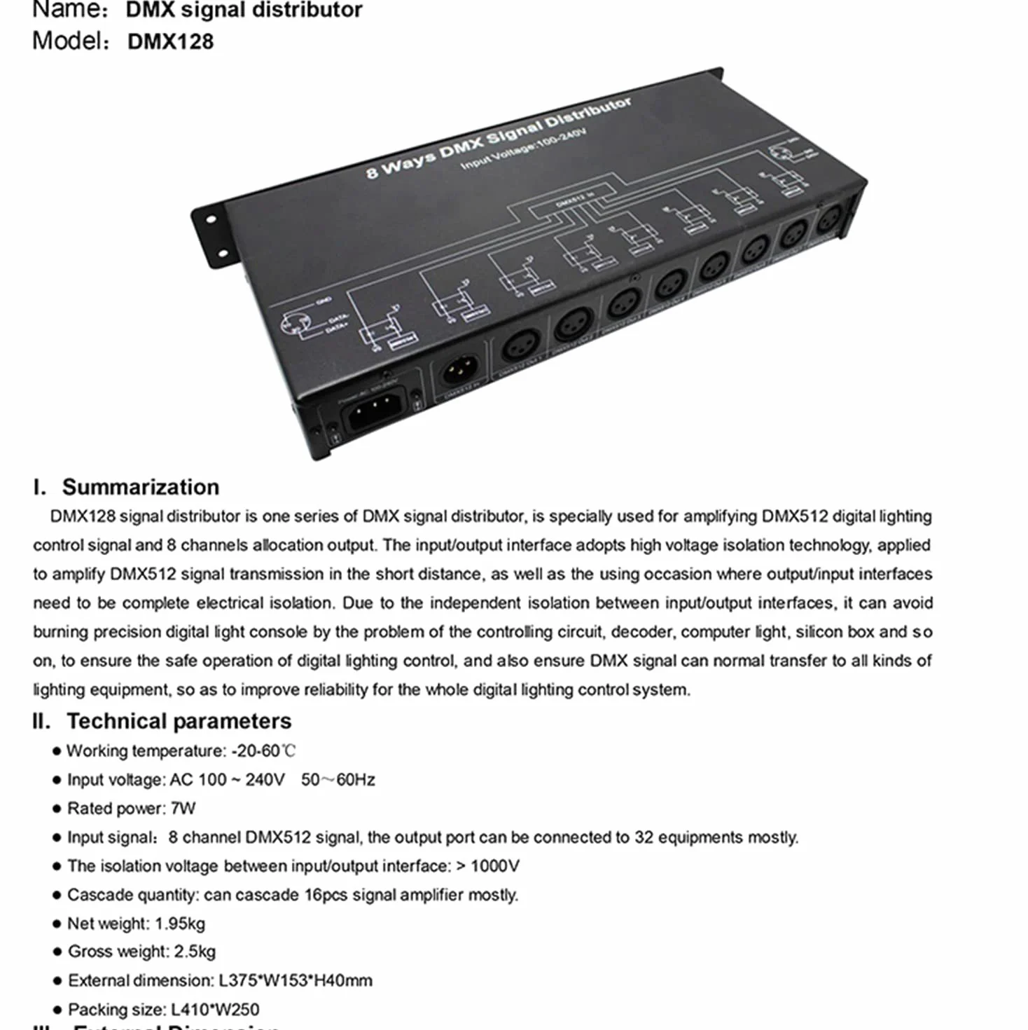 Professioneller DMX512 Bühnenlicht-Splitter für Licht-Signalverstärker, DMX 8-Wege-Verteiler für Bühnengeräte