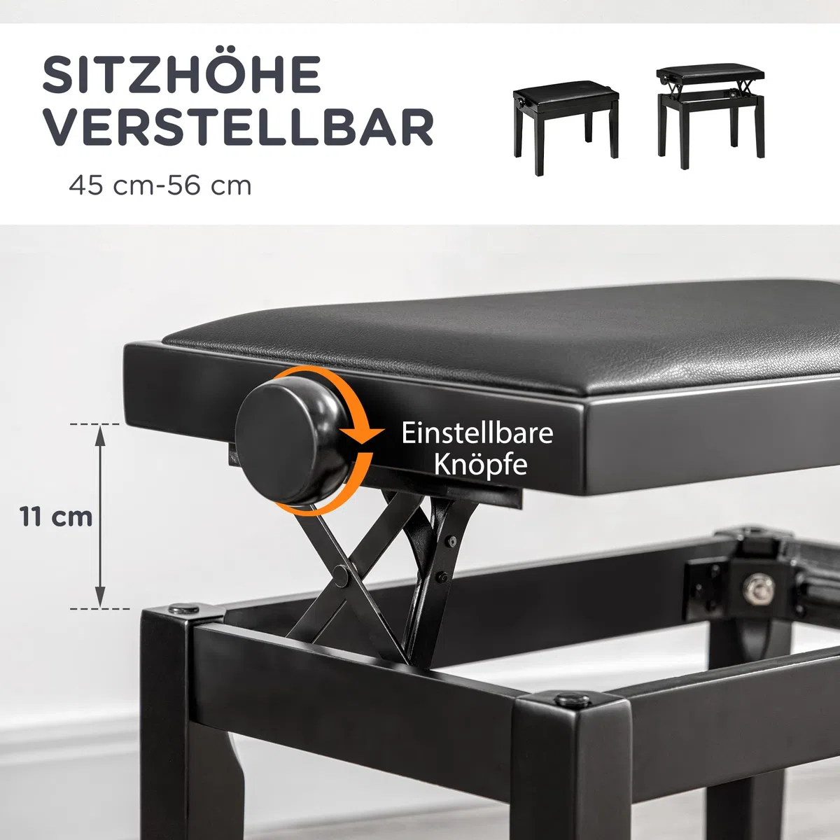 HOMCOM Klavierhocker Höhenverstellbare Klavierbank mit Lederkissen Pianobank Kunstleder Gummiholz Schwarz 63 x 33 x 45-56 cm