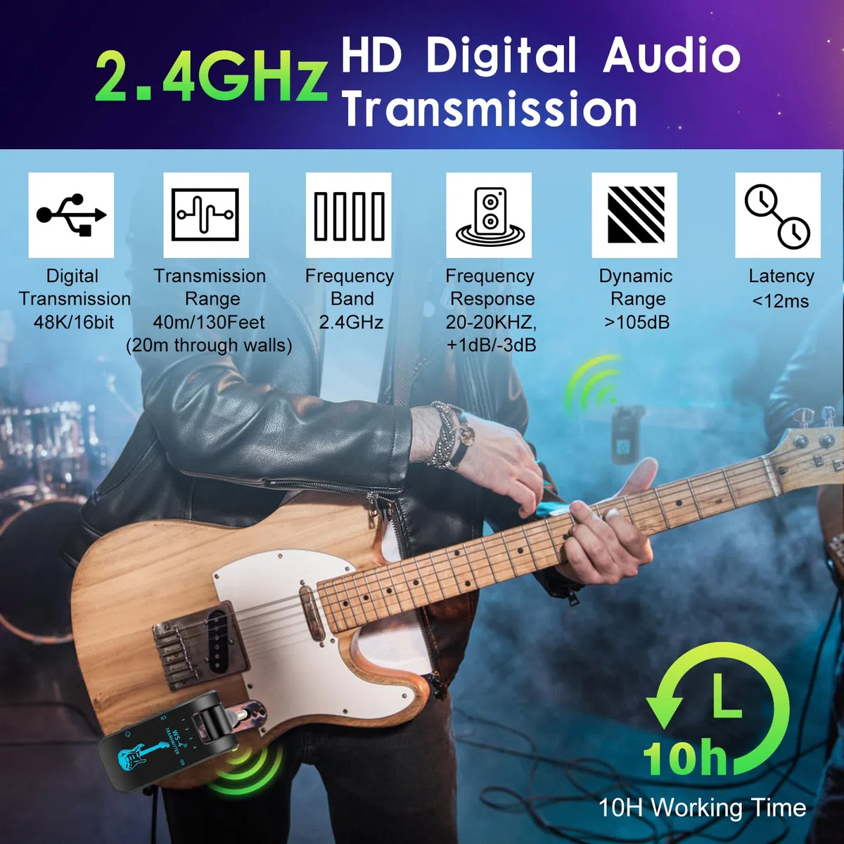 Kabelloses Gitarrensystem, 2,4GHz Kabelloses Gitarrensystem mit 8 Kanälen Wiederaufladbarer Audio Drahtlos Sender Empfänger für Gitarre Bass Elektrische Instrumente, 48K/16bit, Black
