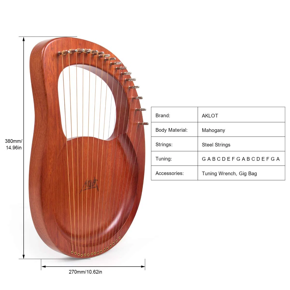 AKLOT Lyre Harp, 16 Metallsaiten, Mahagoni, Laugenharfe mit Stimmschlüssel, Ersatzsaiten-Set, Tonabnehmer, schwarze Gigbag