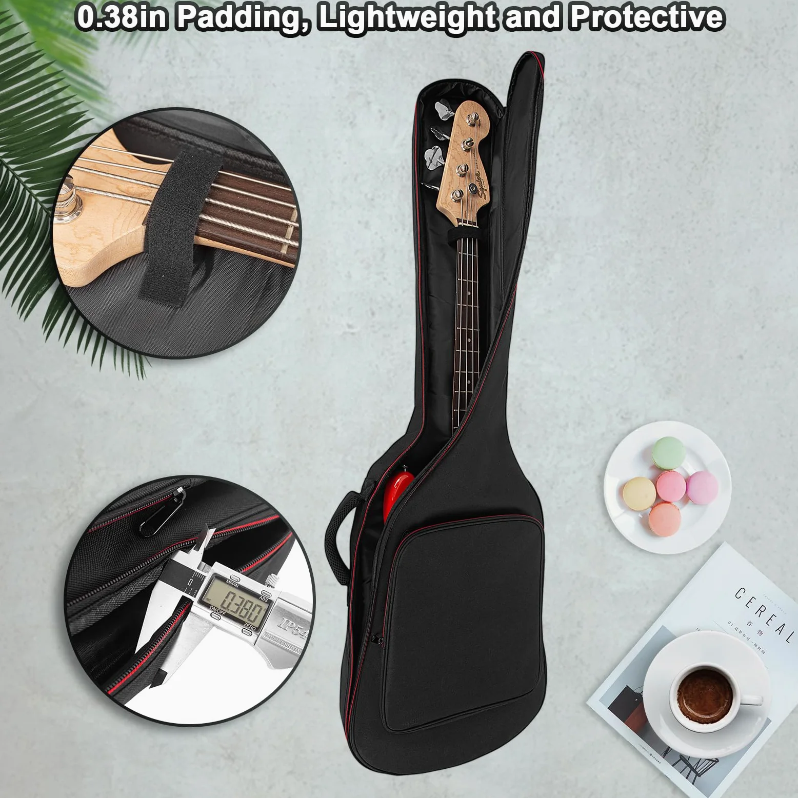 Bassgitarrentasche 0,38 Zoll/10 mm Polsterung Wasserdichtes E-Bass-Case E-Bass-Gigbag-Rucksack mit Nackenschutzgurt und Tasche Verstellbarer Schultergurt Schwarz