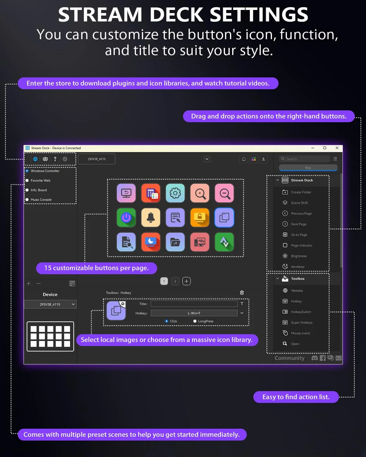 Semaiki Stream Controller Makrotastatur mit 15 anpassbaren LCD-Makrotasten, löst Aktionen in Apps und Software wie OBS, Twitch, Streamlabs, Discord, Mac & Windows aus