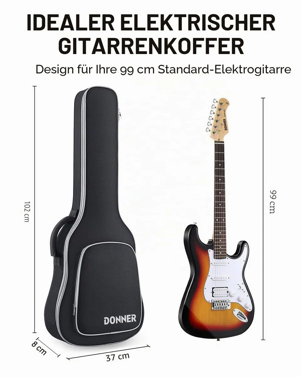 Donner E-Gitarren Gigbag 39 Zoll, 5 mm Polsterung, 600D Ripstop Nylon, Wasserabweisende Soft-Gitarrentasche mit verstellbaren Doppel-Schultergurten und gepolstertem Griff, Schwarz
