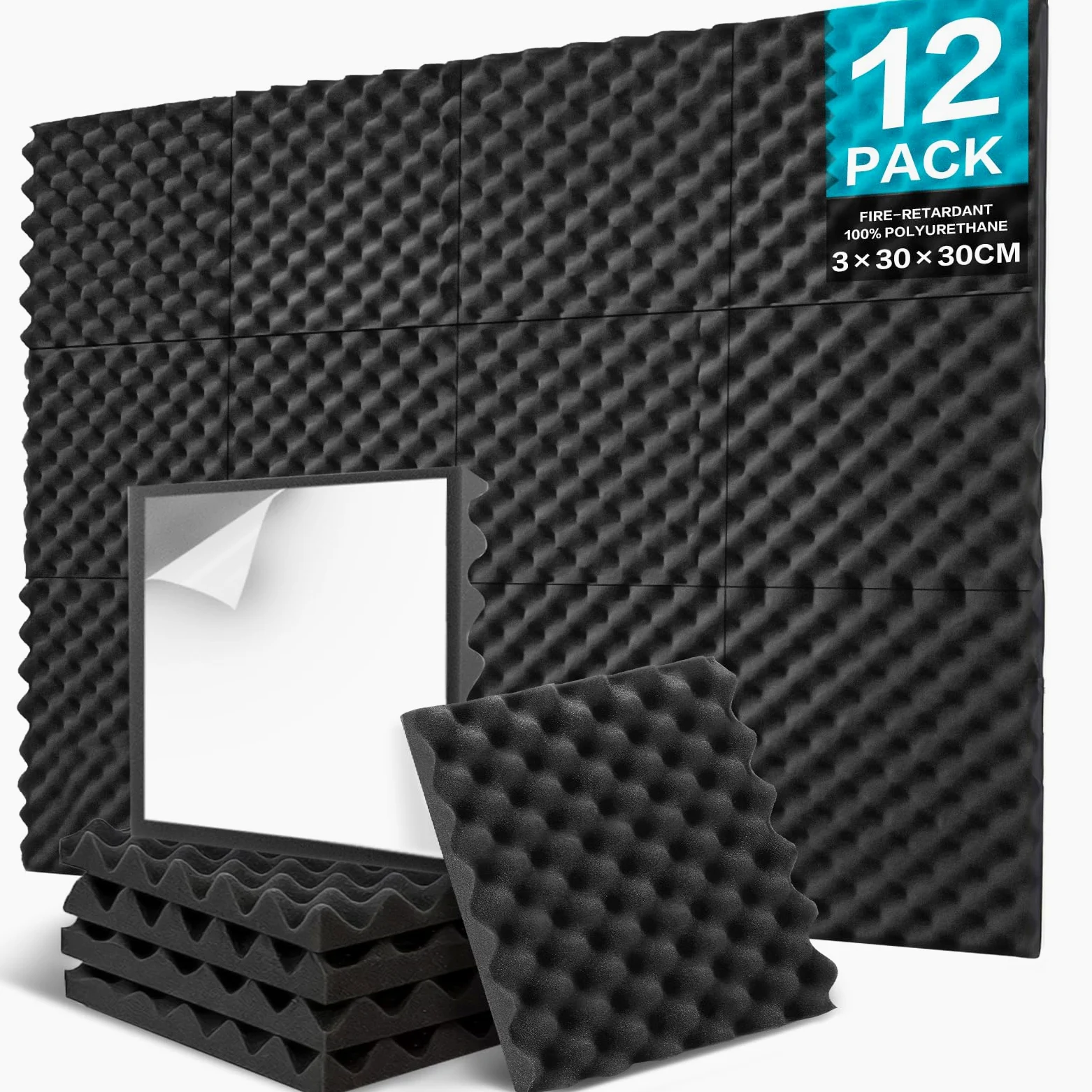 JBER 12 Stück Akustikpaneele Selbstklebend, Schallschutzplatten 30 x 30 x 3 cm, Hochdichte Akustikschaumstoff Wandpaneele für Aufnahmestudio, Heimbüro, Schlafzimmer, Spielzimmer
