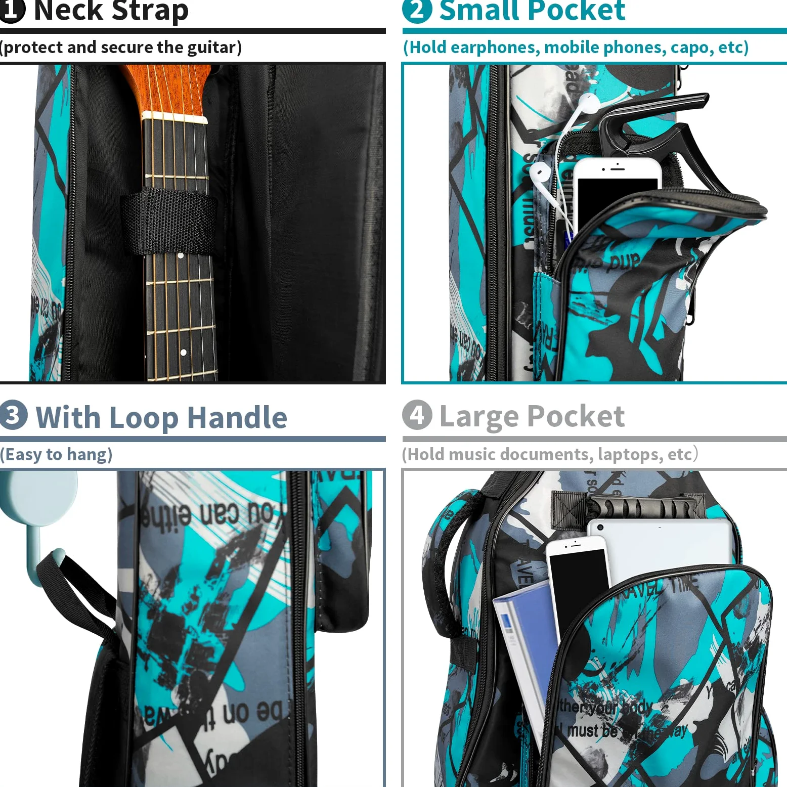 Gitarrentasche Full Size, 39 40 41inch Akustikgitarre Gig Bag, 15mm dick gepolstertes Gitarrenetui wasserdicht mit Zwei Taschen Verstellbarer Schultergurt, Halsschutzgurt