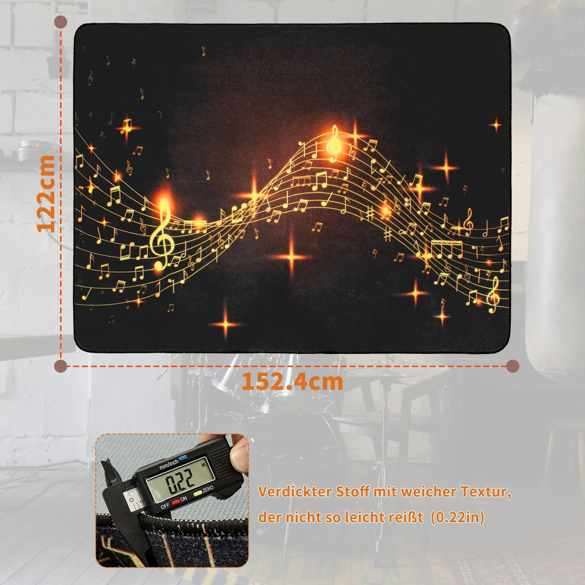 OUUTMEE Schlagzeugteppich Drum Teppich Musiksymbolmuster 152x122cm | Rutschfeste Trommelmatte, schalldämmende Unterlage, elektronisches Schlagzeug-Übungspad