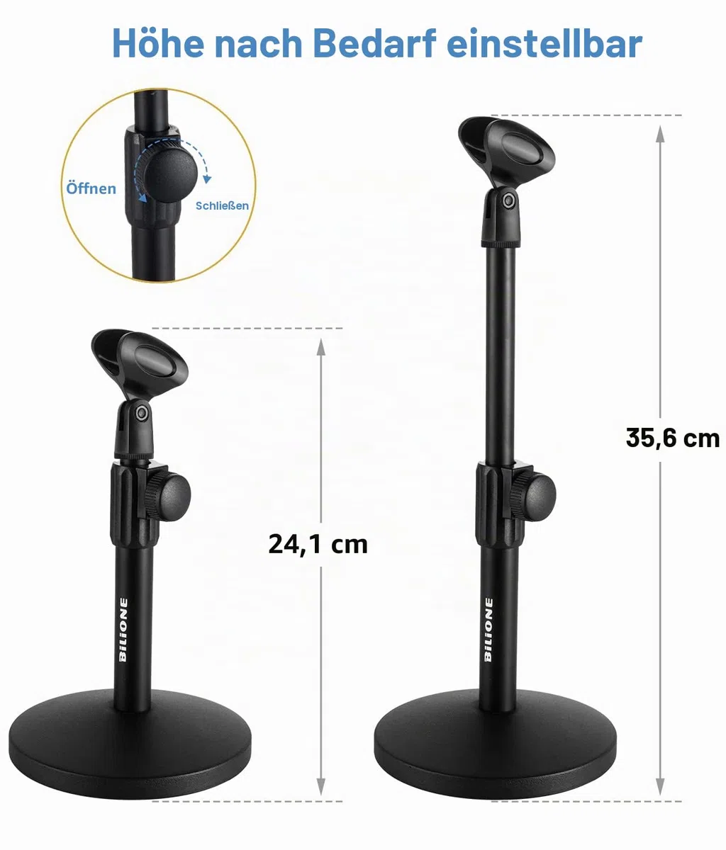 BILIONE Schreibtisch-Mikrofonständer Verbesserter, Verstellbarer Mikrofonständer mit Pop-Filter, Schockhalterung, Mikrofonclip, 1,6 cm auf 0,95 cm Metallschraubenadapter