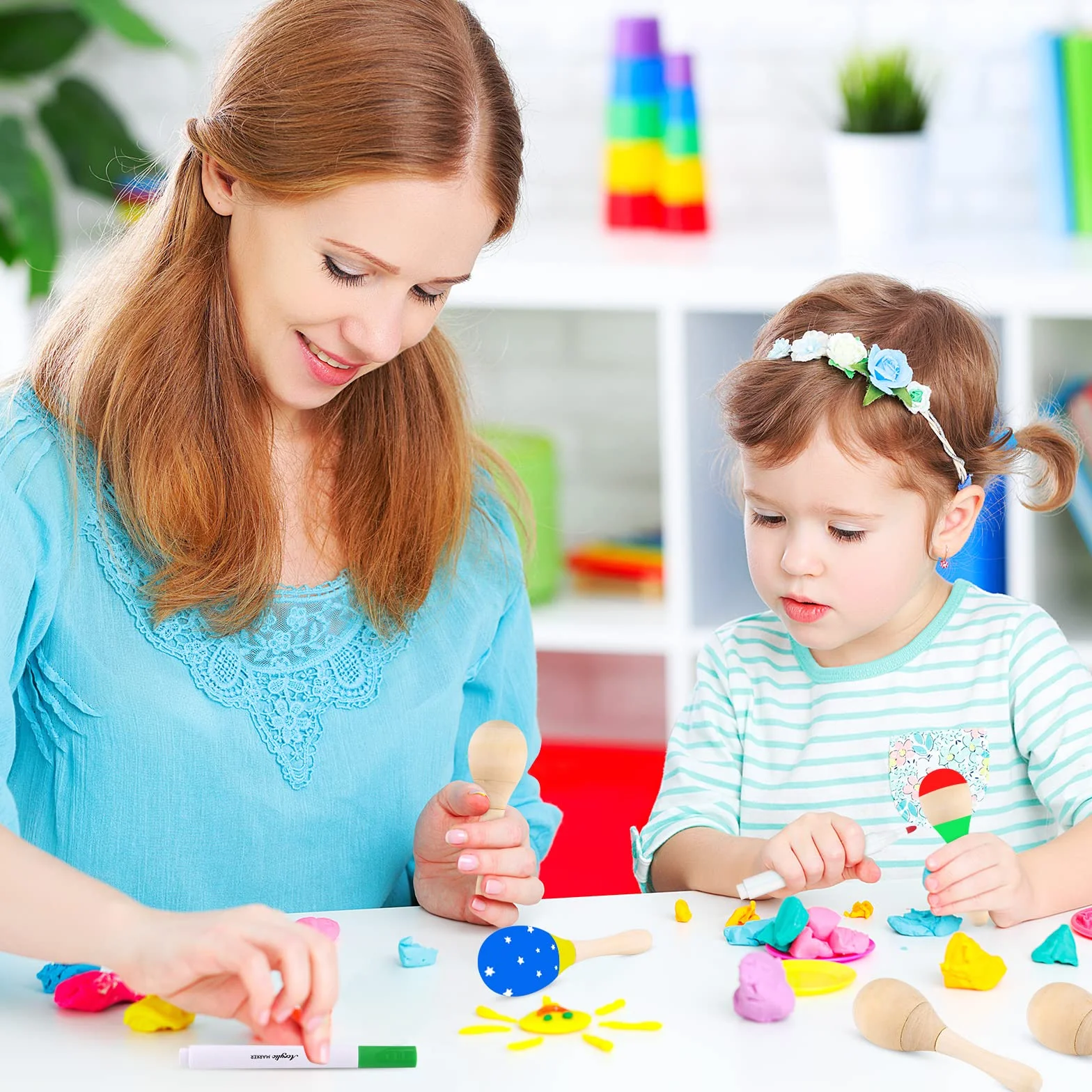 Morcheiong 24 Stück DIY Mini-Holz-Maracas für Kinder mit 24 mehrfarbigen Stiften, Fiesta mexikanische Maracas Mitgebsel, Cinco De Mayo Party-Zubehör Dekorationen