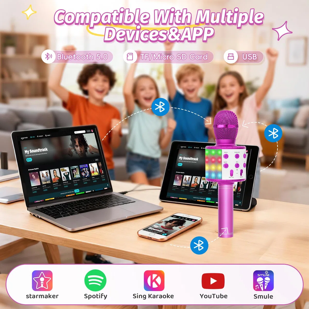 Fede Karaoke Mikrofon, Drahtloses Bluetooth Mikrofon für Kinder, Lustige Geschenke Spielzeug für Teenager Mädchen Jungen, Tragbares KTV Lautsprecher Recorder für Smartphone PC