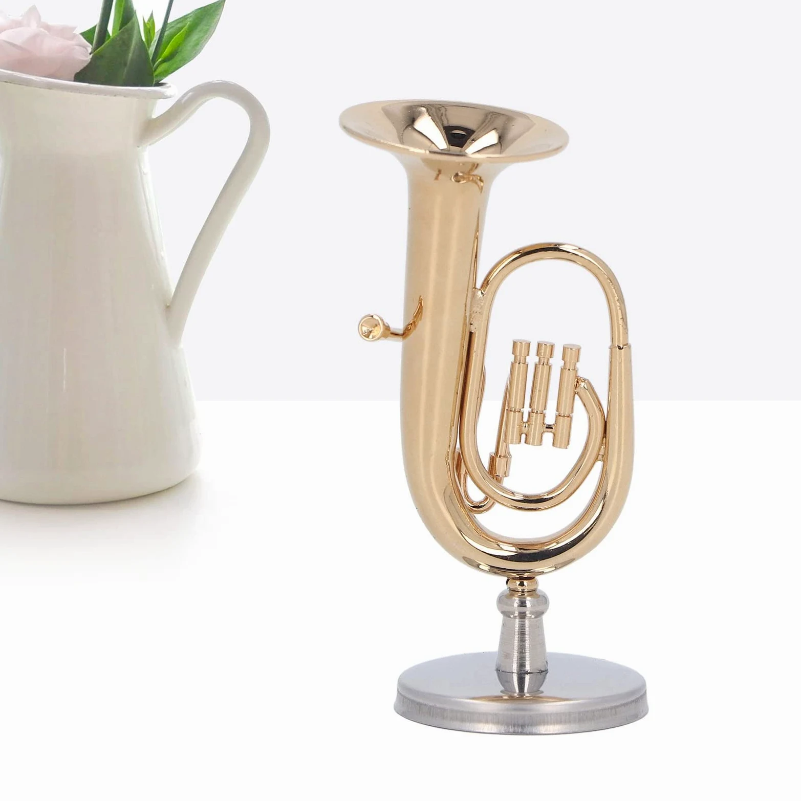 Miniatur -Tuba -Modell, messinggold plattiert Euphonium Mini Miniatur Tuba Musikinstrument mit Basis Weihnachtspuppenhaus Spielzeugdekoration