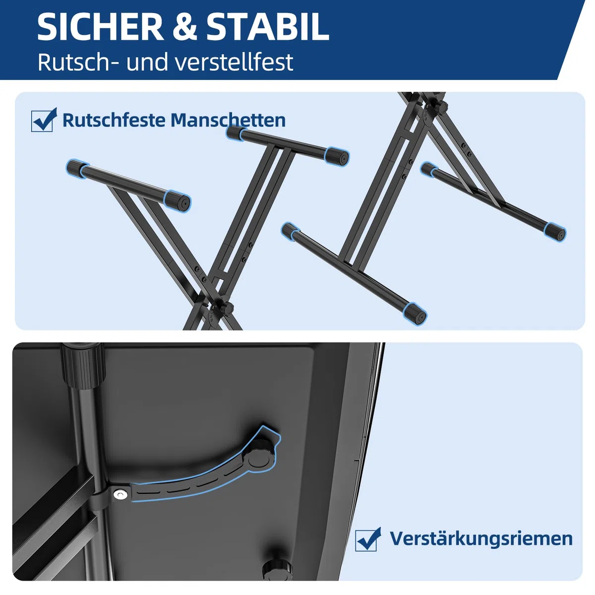 GLEAM Keyboardständer für E-Pianos - Robuster Doppel-X-Stil mit Verriegelungsgurten, passt für 54-88 Tasten E-Pianos, DJ-Mixer, Turntables, Synths und MIDI-Keyboards. Tragfähigkeit 45 kg