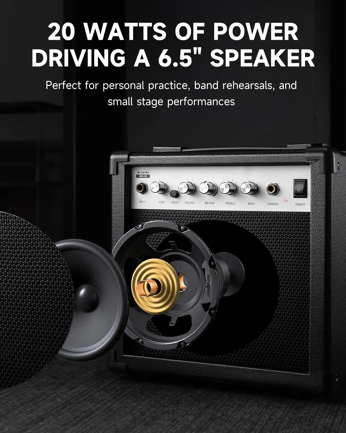 Donner E-Gitarrenverstärker 20W, DEA-20 Gitarrenverstärker mit Reverb-Effekten, Übungsverstärker mit praktischem Clean-&-Overdrive-Schalter für unterwegs