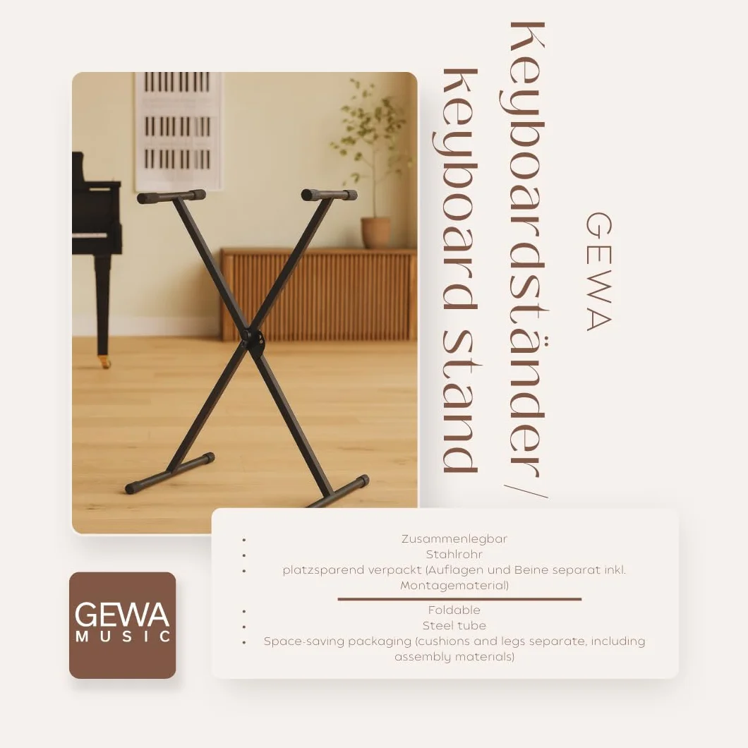GEWA Keyboardständer - Zusammenlegbar - Stahlrohr - Höhenverstellbar 68-92 cm - Max. Belastung 18 kg - Gewicht: 2,96 kg - Farbe: Schwarz