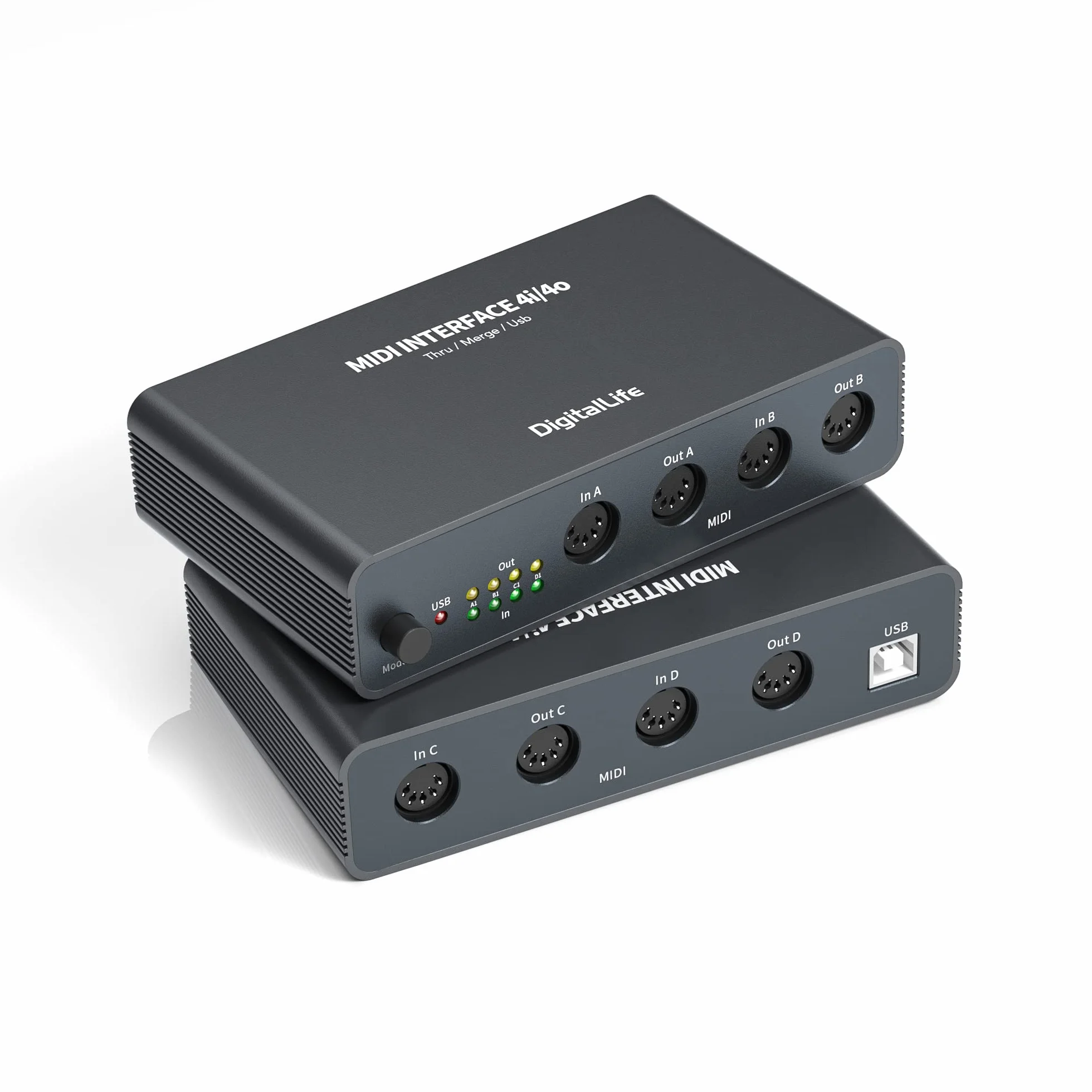 DigitalLife Quad I/O Pro 4x4 USB MIDI Interface Box – 5-Pin-DIN Merge/Thru/Splitter, Metallgehäuse mit 8 LED-Anzeigen für Keyboards, Synthesizer, Drum Machines & Live-Auftritte | UMB06-B