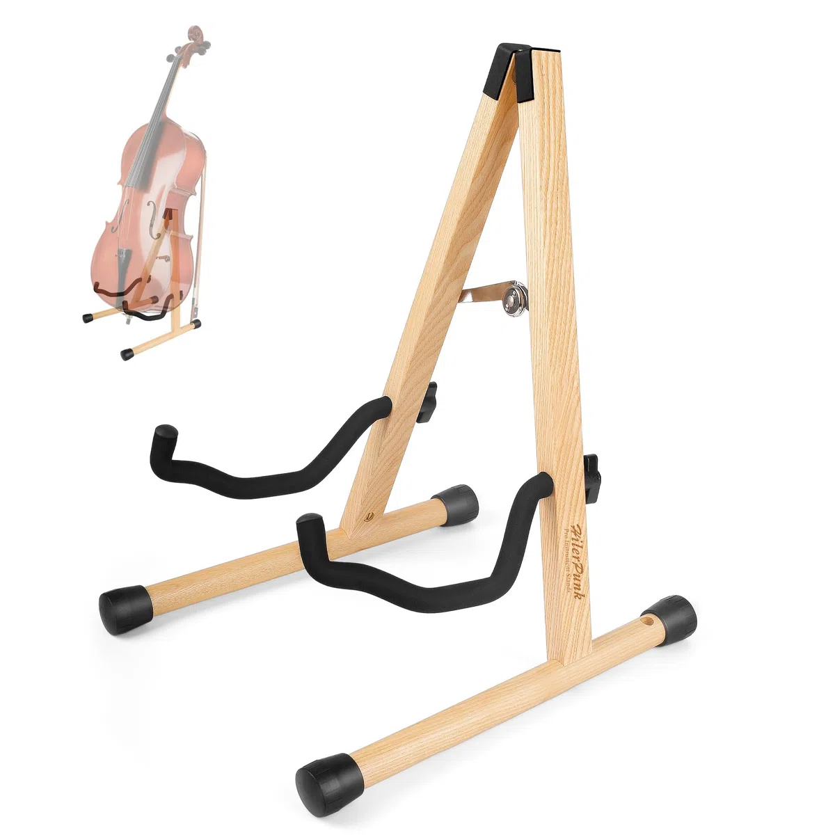 Cello-Ständer mit Bogenhalter, A-förmiger Holzfußständer mit gepolstertem Schaumstoff – Handgefertigte Halterung für 1/2, 3/4, 7/8, 4/4 (Vollgröße) Celli und Gitarren (Ashwood, Cello)