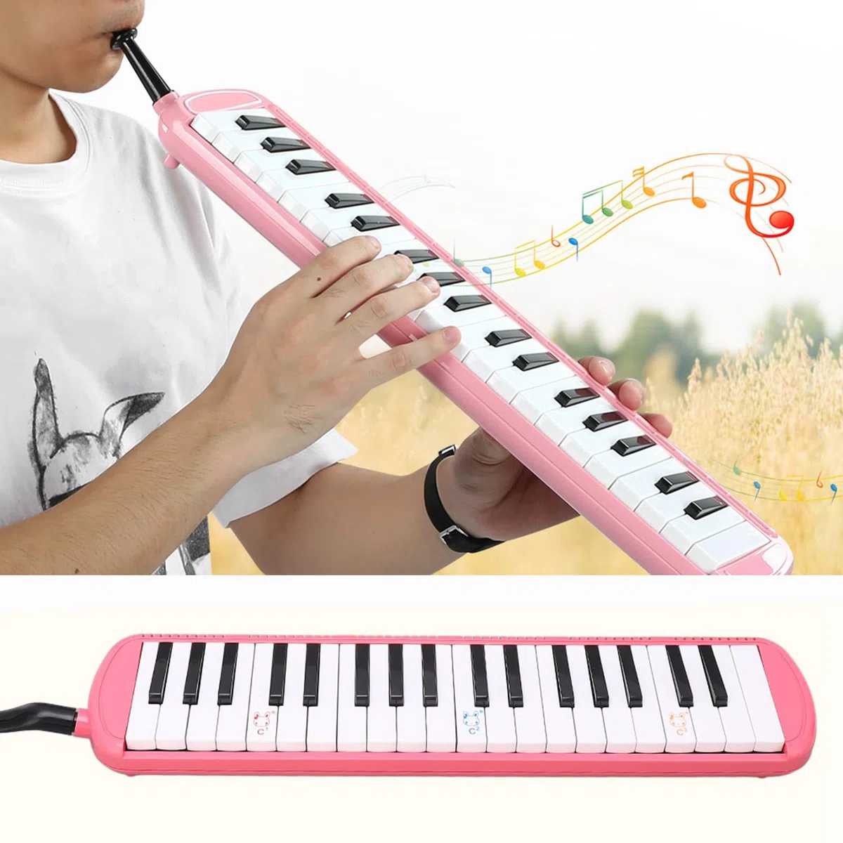 37 Tasten Melodica, Blasmusikinstrument aus Edelstahl mit Kurzen Mundstücken Tragetasche geeignet für musikalisches Geschenk für Jungen und Mädchen (Rosa)