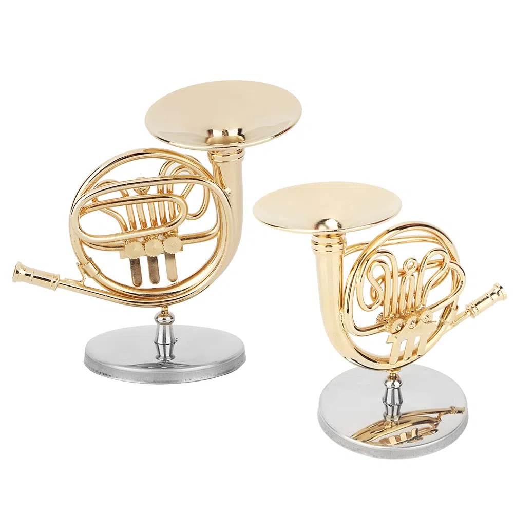 Haofy Verwandte Goldene Mini French Horn Replica Dekorationen mit Grundlegender Unterstützung für Einen Schreibtisch aus Glänzenden und Glänzenden Regalen für Musiker und