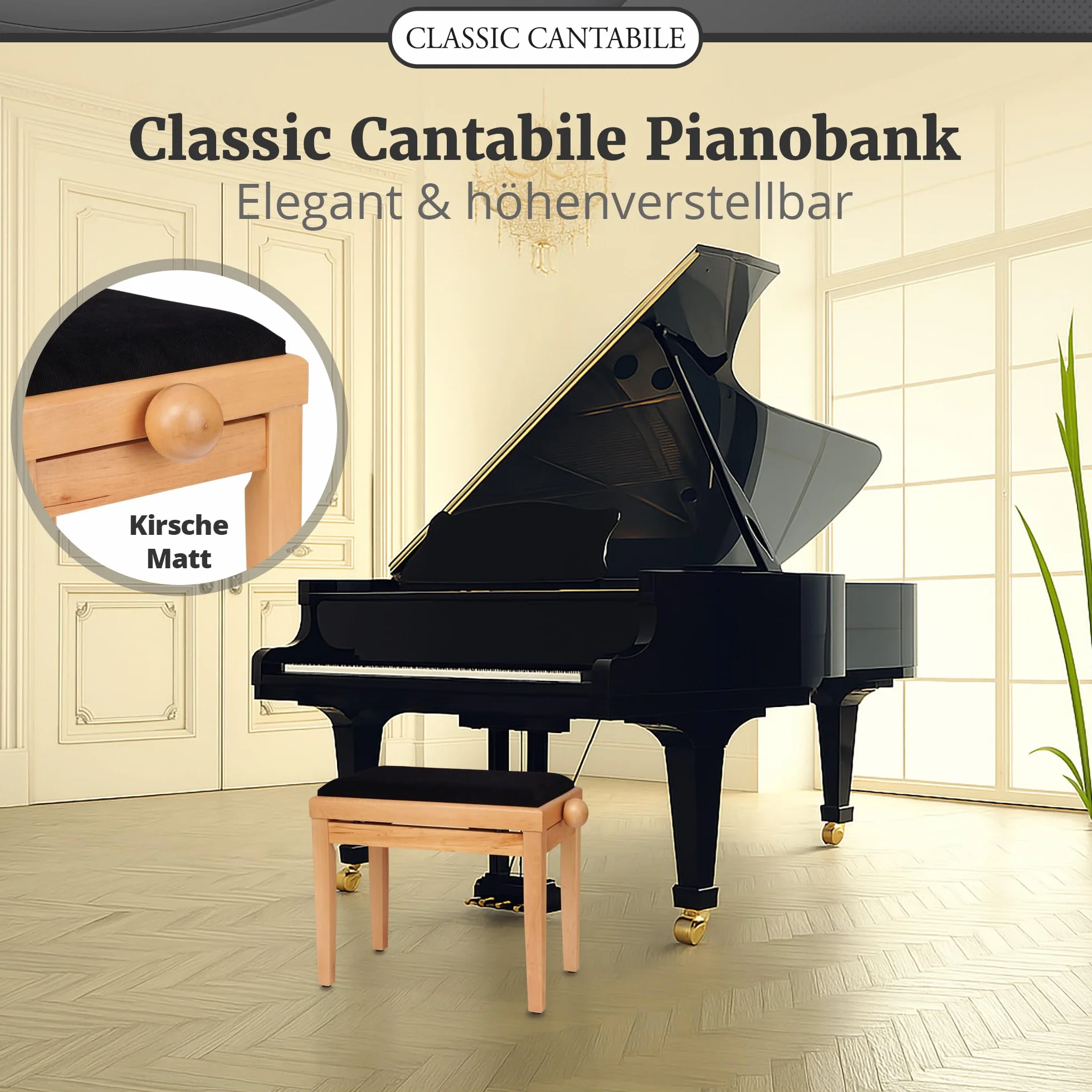 Classic Cantabile Pianobank Kirsche-matt (Höhenverstellbar von 47-56cm, Spindelmechanik, Sitzfläche 55 x 32cm, schwarzer Velourbezug, stabil)