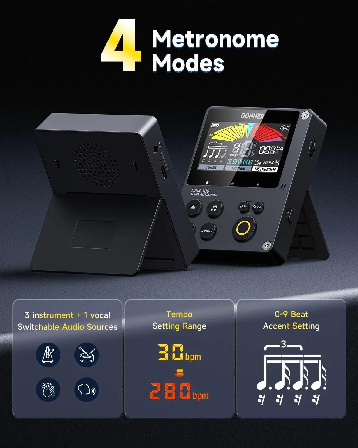 Donner Metronom Stimmgerät, 3 in 1 Digitales Metronom Wiederaufladbar für Gitarre Bass Ukulele Violine Saxophon Trompete Klarinette Flöte, Rhythmus-Trainer-Modus, DBM-100