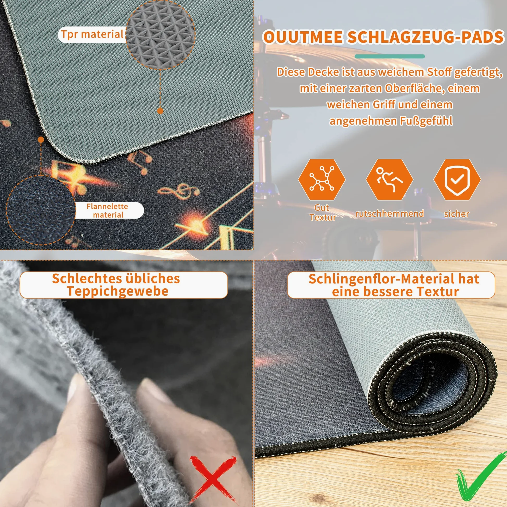 OUUTMEE Schlagzeugteppich Drum Teppich Musiksymbolmuster 152x122cm | Rutschfeste Trommelmatte, schalldämmende Unterlage, elektronisches Schlagzeug-Übungspad