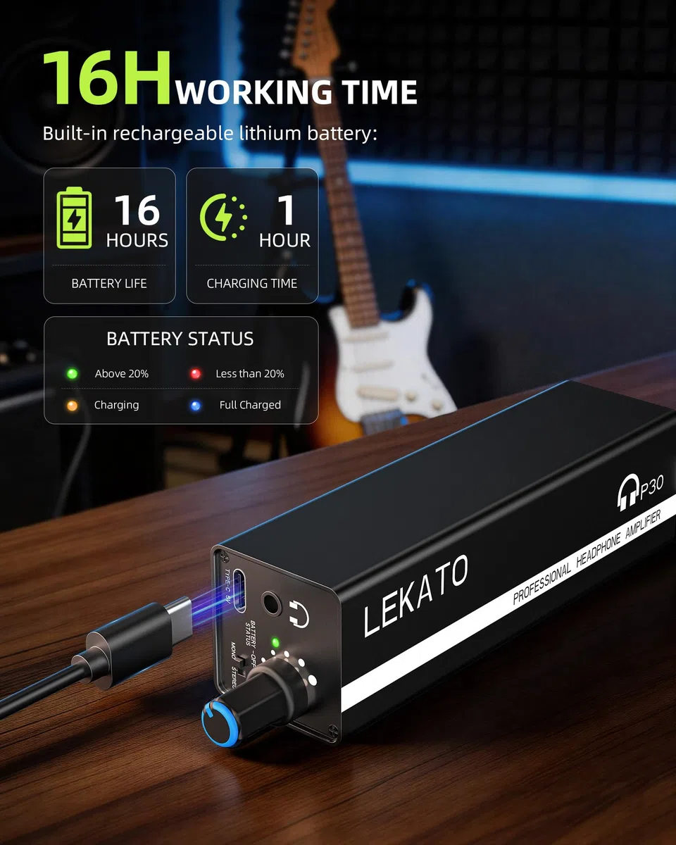 LEKATO In-Ear Monitor Verstärker, Stereo/Mono Schalter, XLR/TRS Eingang, 3,5mm Ausgang, Clip-on In-Ear Wiederaufladbarer Tragbarer Kopfhörerverstärker