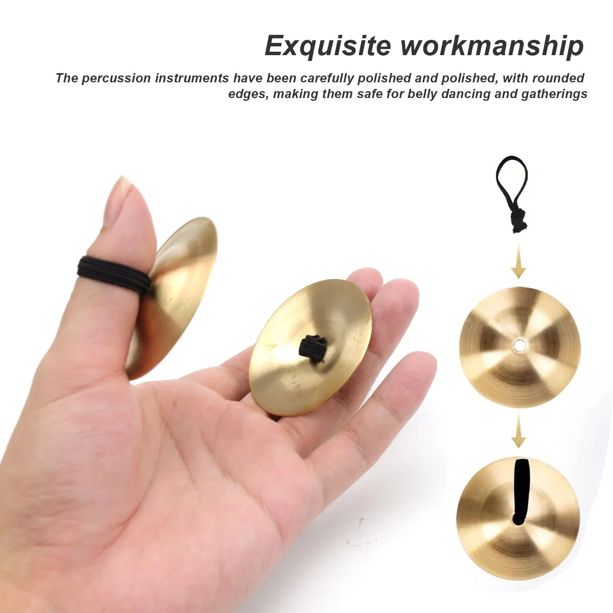 2 Paar Finger Becken Messing, Gold Fingerzimbeln Mini Brass, mit Gummiband Finger Cymbal Bauchtanz, mit Samt-Aufbewahrungsbeutel, Durchmesser 5,5 cm, für Partys und Tänze Verwendet