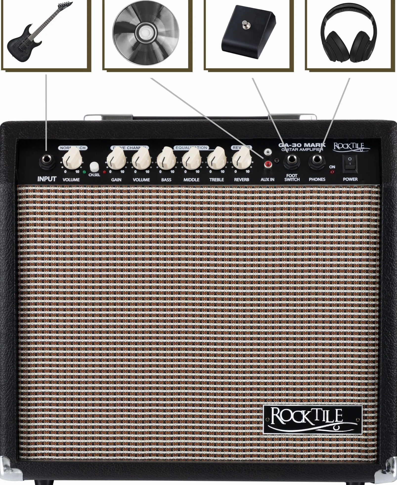 Rocktile GA-30 Mark Gitarrenverstärker (30 Watt Gitarrencombo, 2 Kanäle (Clean/Drive), 8" Speaker, mit Hall-Effekt schwarz