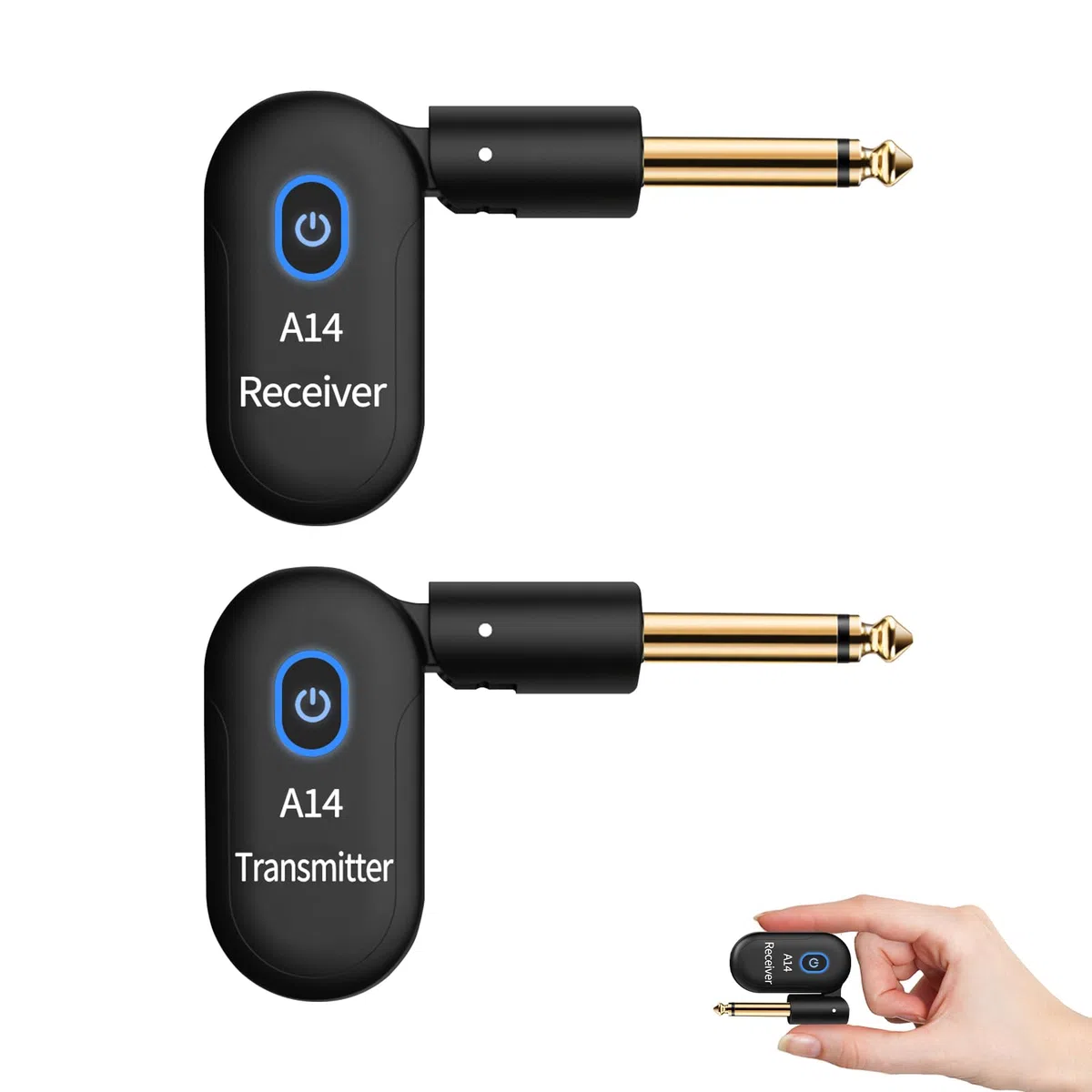 A14 Wireless Gitarrensystem 2.4GHz 2 Modi, Daumengröße, Wiederaufladbarer Li-Akku, 100ft Reichweite, 10 Stunden, Plug & Play für Gitarre, Bass, Violine, Keyboard (1TX + 1RX)