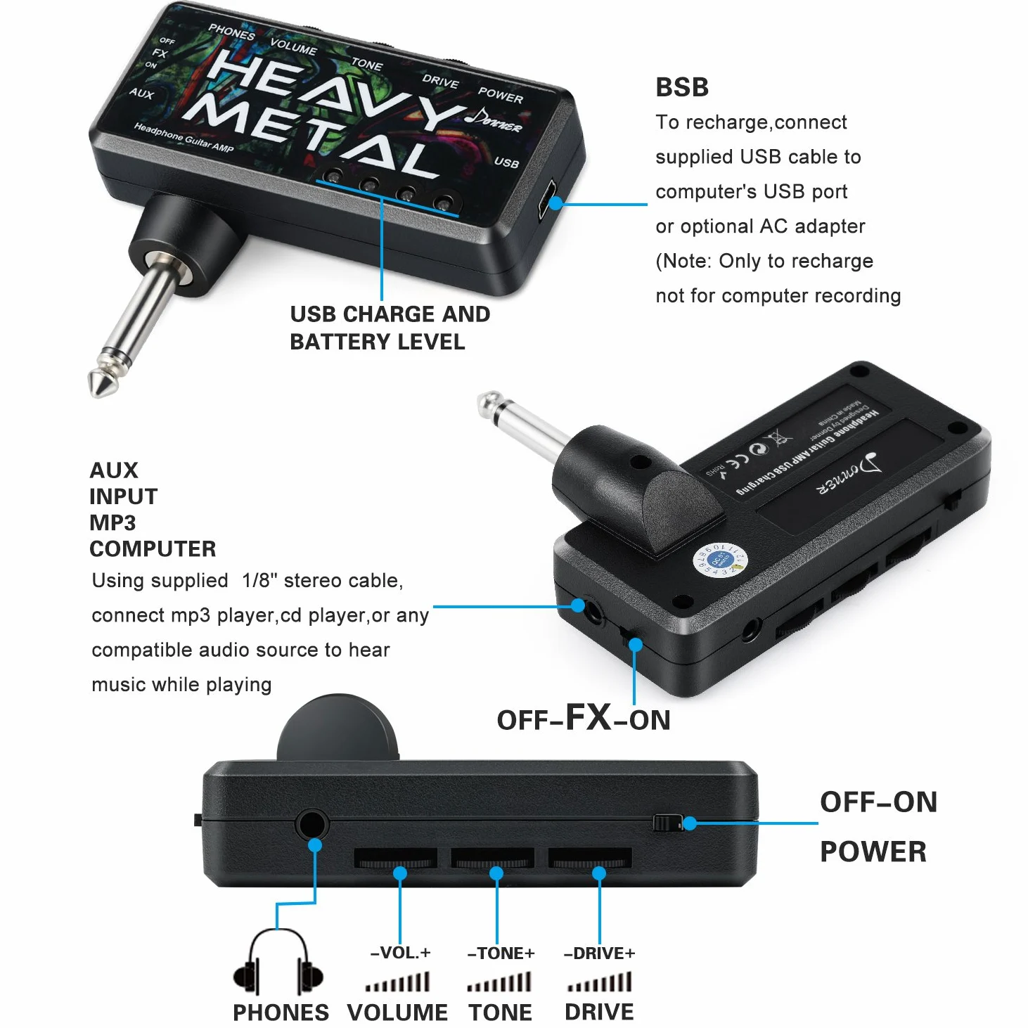 Donner Gitarren-Kopfhörer-Verstärker Heavy Metal USB Wiederaufladbarer Mini-Taschen-Kopfhörer-Verstärker für E-Gitarre