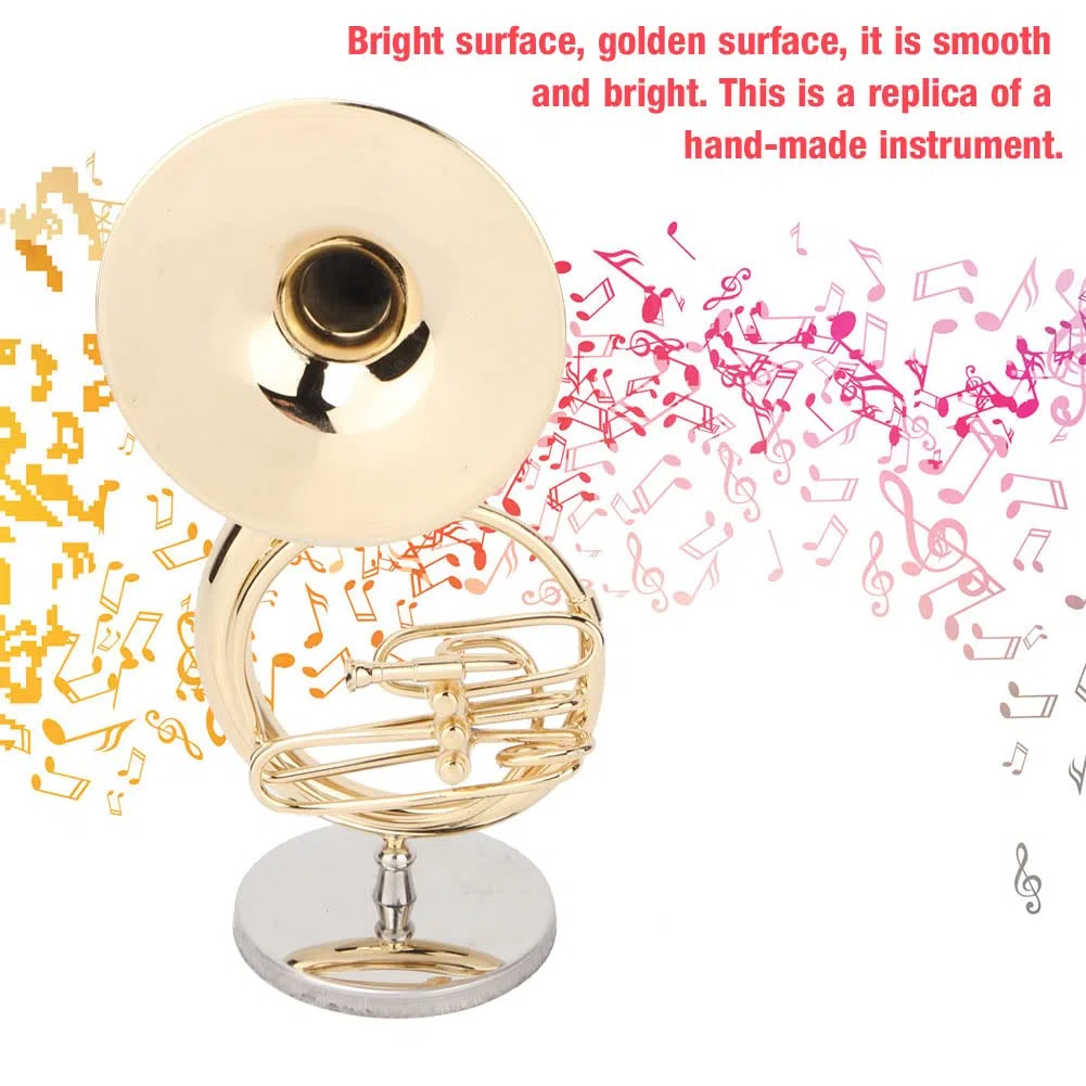 Cyrank Sousaphon-Modell-Ornament, Metall-Musikinstrument-Modell Sousaphon-Display-Ornament mit Ständer und Gehäuse Miniatur-Musikreplik-Dekoration