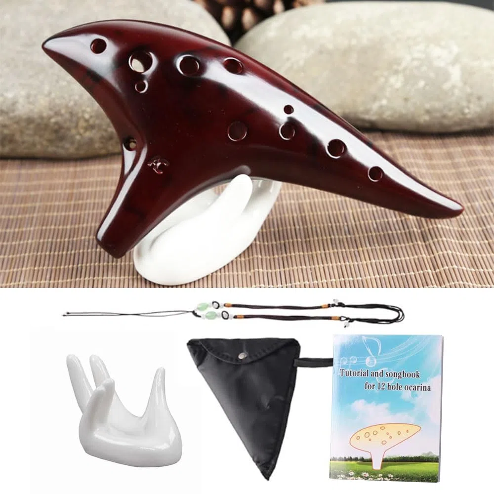 Ocarina 12 Loch Alto C Smokey Straw Gefeuerte Keramik Okarina mit Liederbuch für Anfänger, Geschenkidee (Rotbraun)