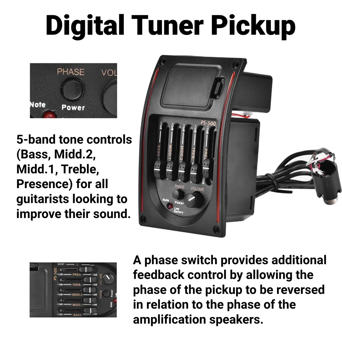 EQ Gitarren-Equalizer PS-500 5-Band-Equalizer Akustikgitarren-Equalizer-Tuner Digitaler Tonabnehmer für Akustikgitarre Zubehör für Musikinstrumente