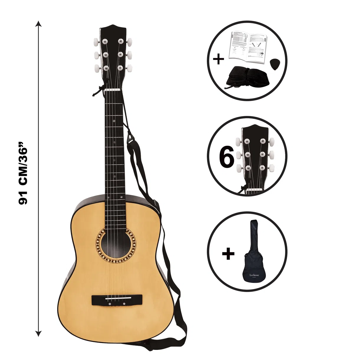 Lexibook, Akustikgitarre aus Holz, 36'' lang, inklusive Lernanleitung, 6 Nylonsaiten, inklusive Tragetasche, Holz/Schwarz, K2200