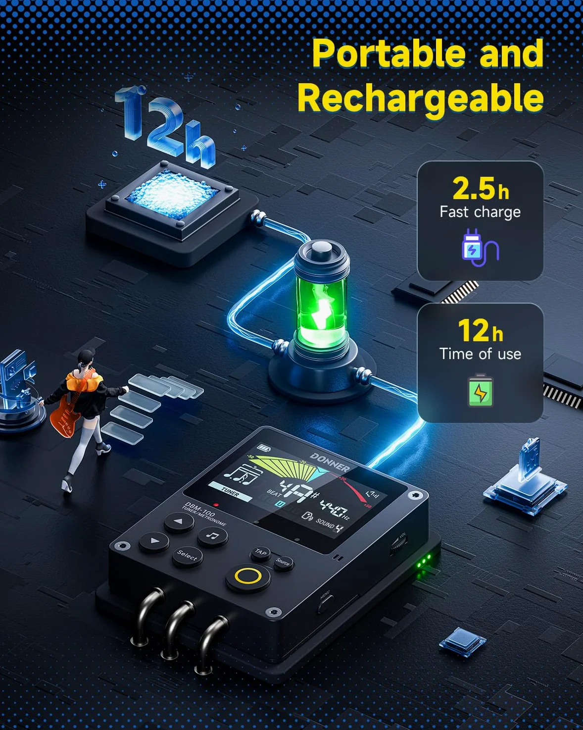 Donner Metronom Stimmgerät, 3 in 1 Digitales Metronom Wiederaufladbar für Gitarre Bass Ukulele Violine Saxophon Trompete Klarinette Flöte, Rhythmus-Trainer-Modus, DBM-100
