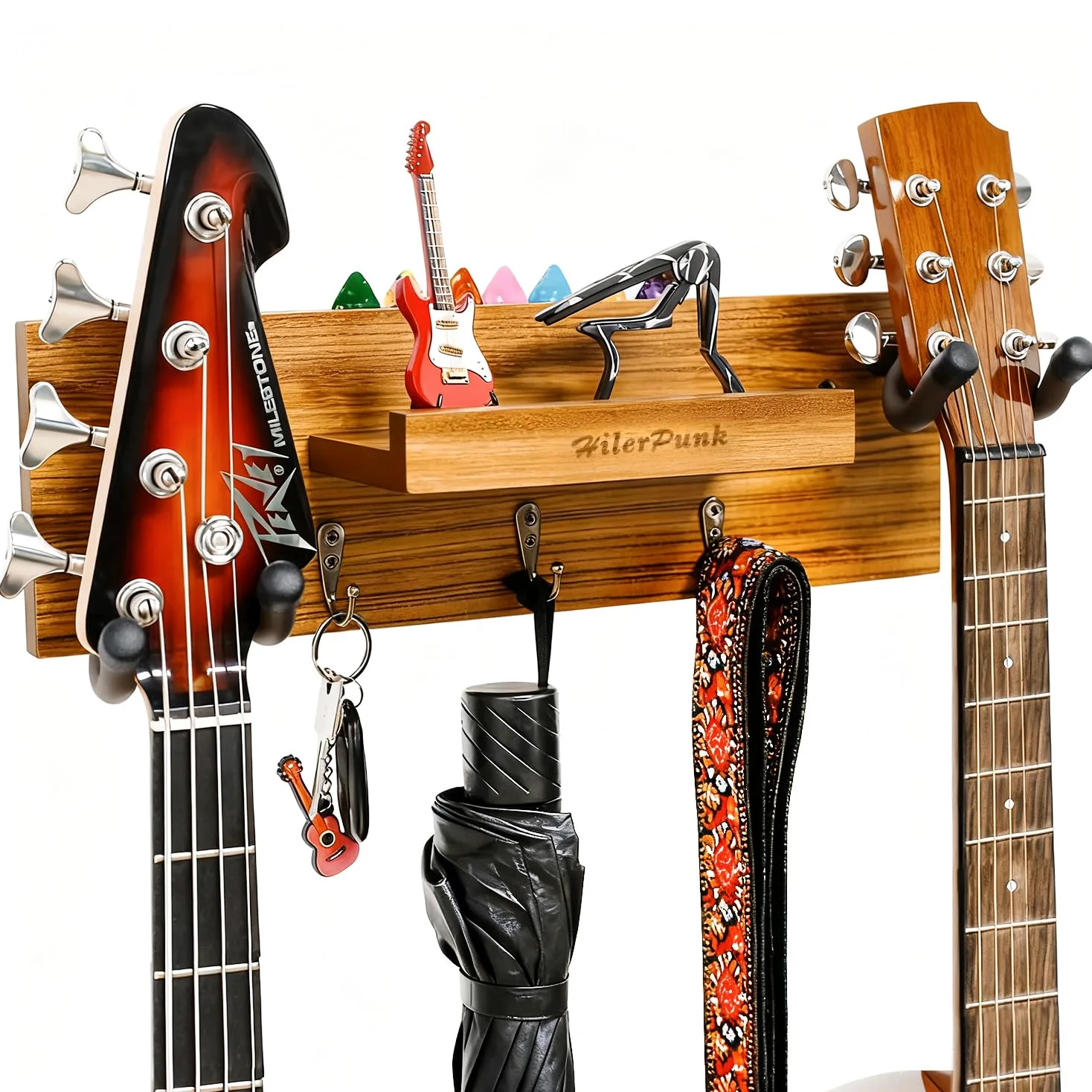Gitarrenwandhalterung,Massivholz, Gitarrenwandaufhänger mit 3 Aufbewahrungshaken und 2 drehbaren Gummi Gitarrenaufhängern,Gitarrenständer mit Ablage und Plektrum Halter