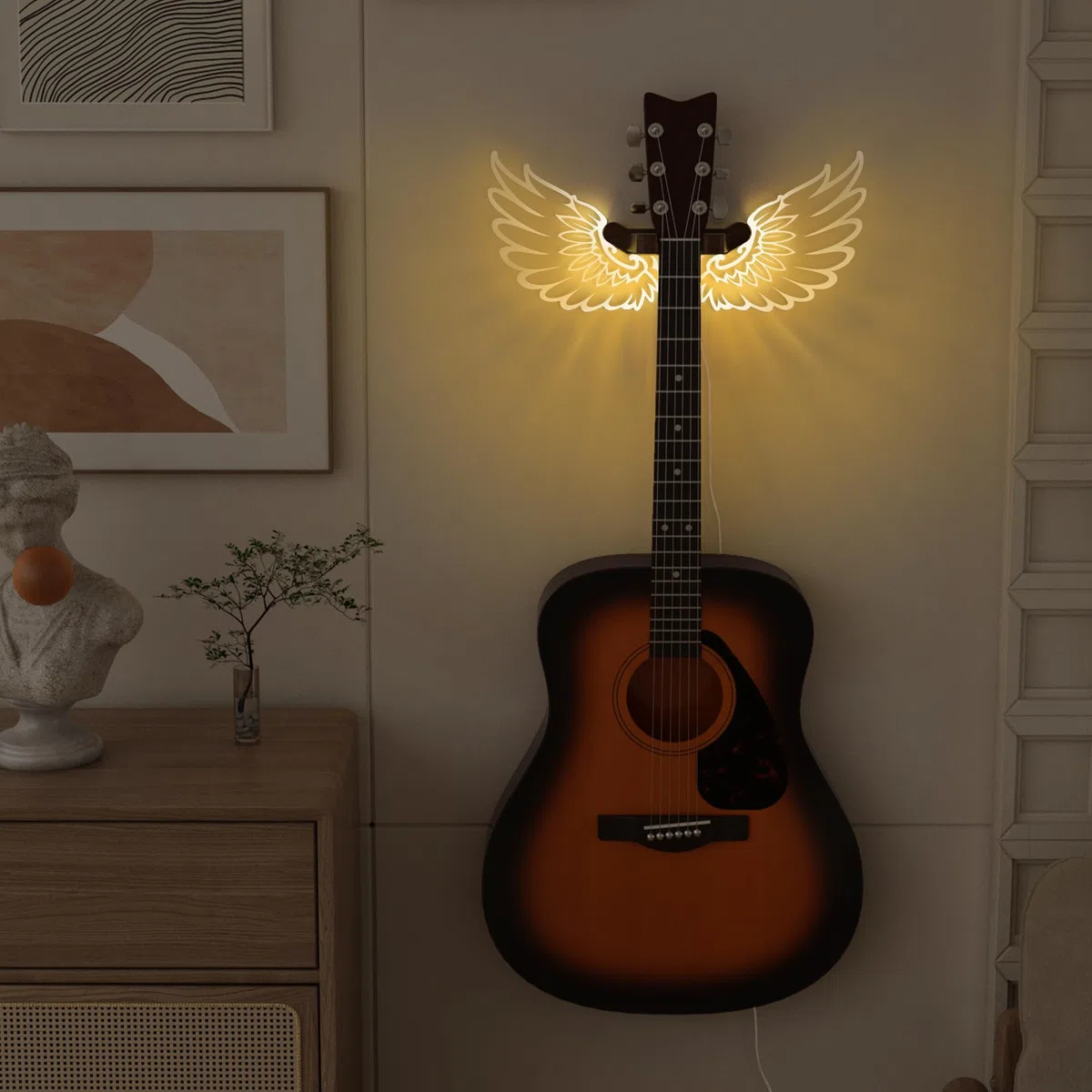 CoolGift Mart Gitarrenständer Wandhalterung mit leuchtenden Engelsflügeln, Acryl hölzerne Gitarre Aufhänger Regal mit USB betrieben, für akustische elektrische Bass Ukulele