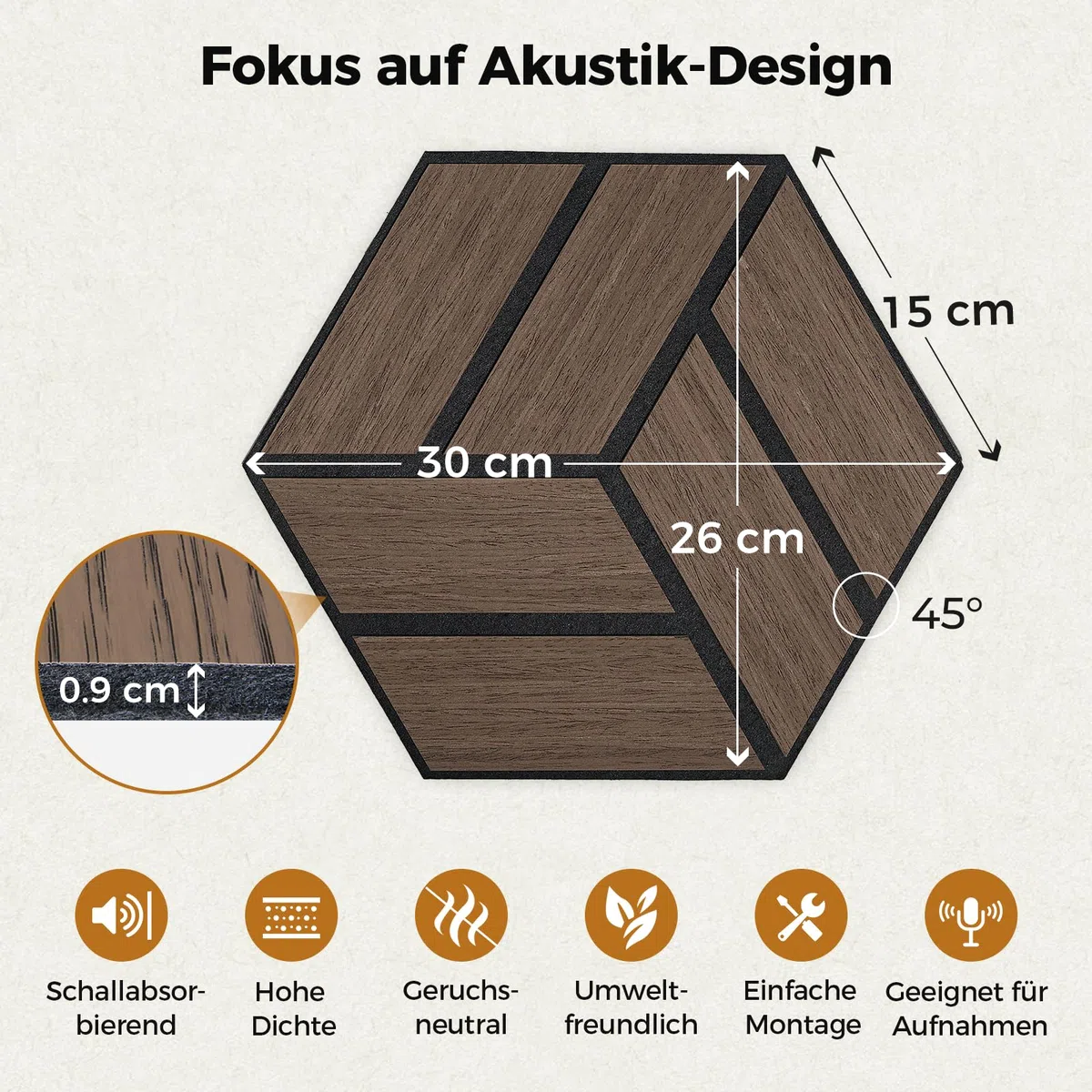 12 Stück Hexagon Akustikplatten Selbstklebend, 30 x 26 x 0,9 cm Hohe Dichte schallabsorber wand, Schallschutzplatten für Studio, Büro, Akustische Behandlung und Gaming deko, Walnuss