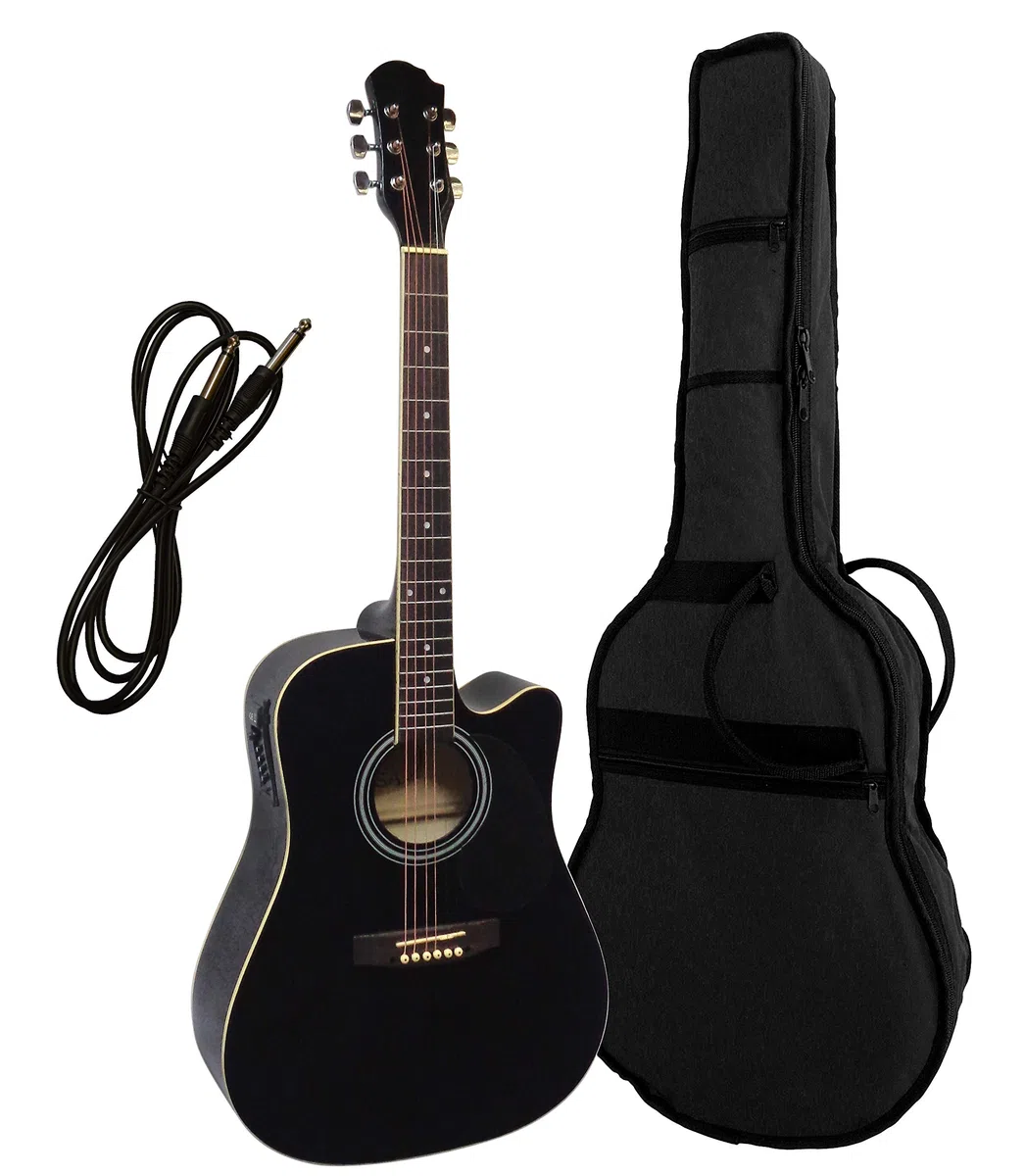 4/4 WESTERNGITARRE MIT TONABNEHMER UND TASCHE - AKUSTIK COUNTRY GITARRE - SCHWARZ - STAHLSAITEN - DECKE FICHTE - SCHLAGBRETT SCHWARZ - EQ - CW191