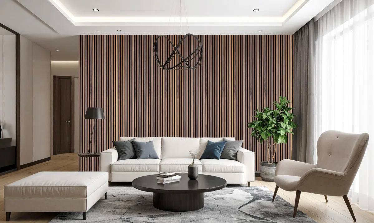 wodewa Akustikpaneel Trend Nussbaum Geölt 120cm | Vollholz Wandverkleidung Durchgehende Lamellen | Schallabsorption Wand & Decke | 9mm flach | Echtholz Akustikplatte | Made in Germany