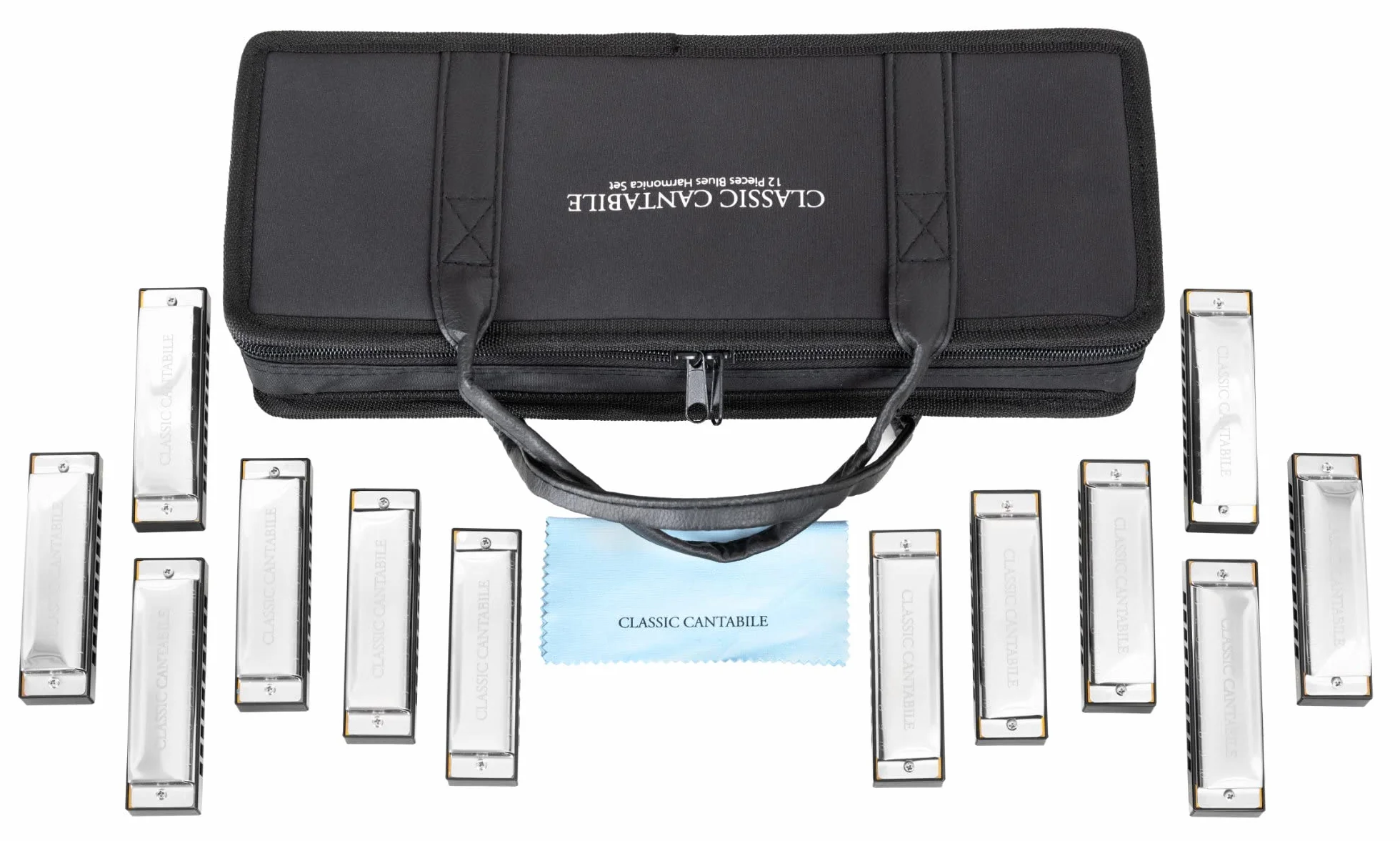 Classic Cantabile AHBS-12 Alabama Blues Harmonica 12er Mundharmonika Set - Diatonische Mundharmonikas in verschiedenen Stimmungen - 10 Messing Stimmzungen - Edelstahl-Gehäuse - Inkl. Etui & Tuch