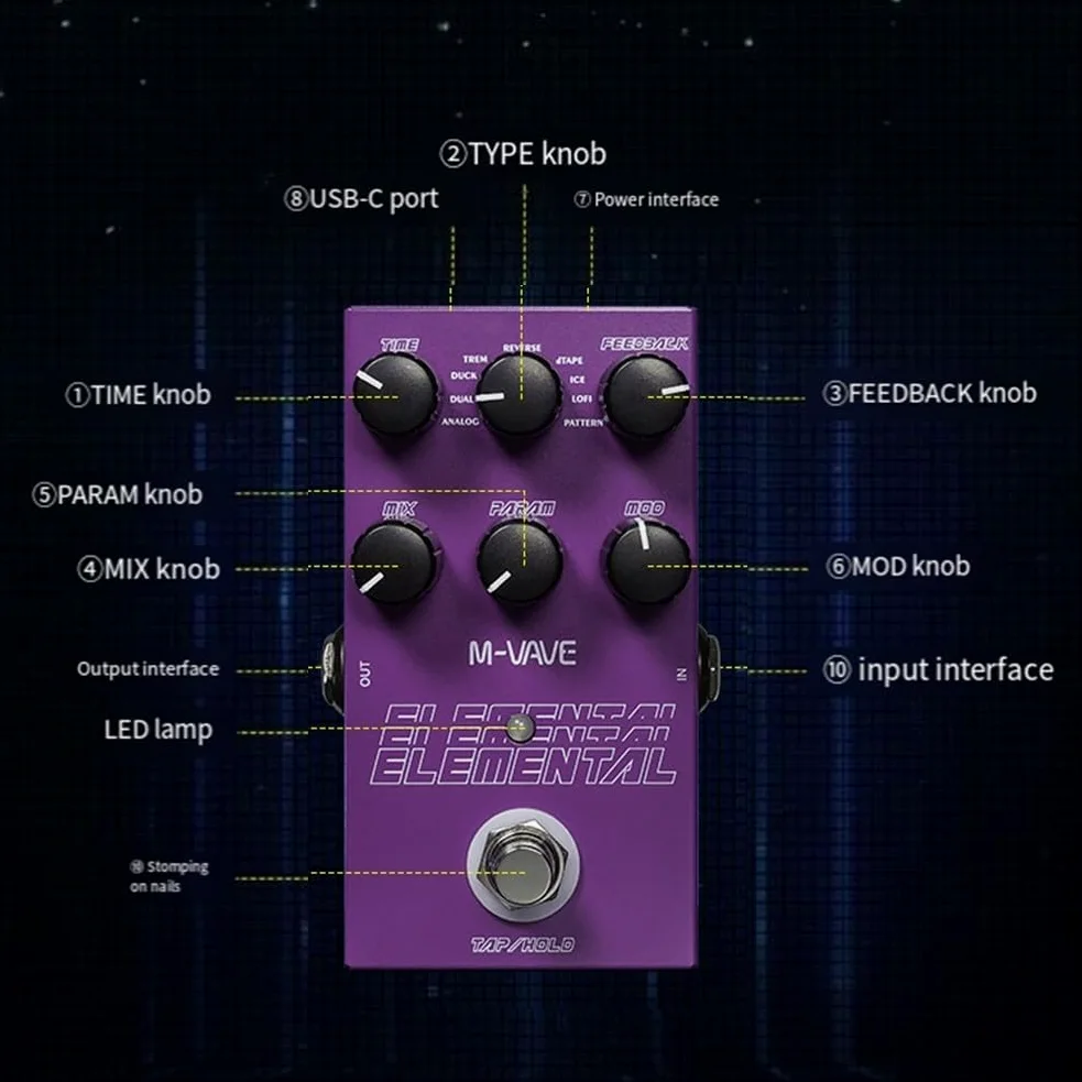 Delay and Reverb Gitarren-Bass-Effektpedal, digitales Delay-Pedal, Element-Pedal für M-vave 9 verschiedene Gitarreneffekt-Unterstützung für TAP