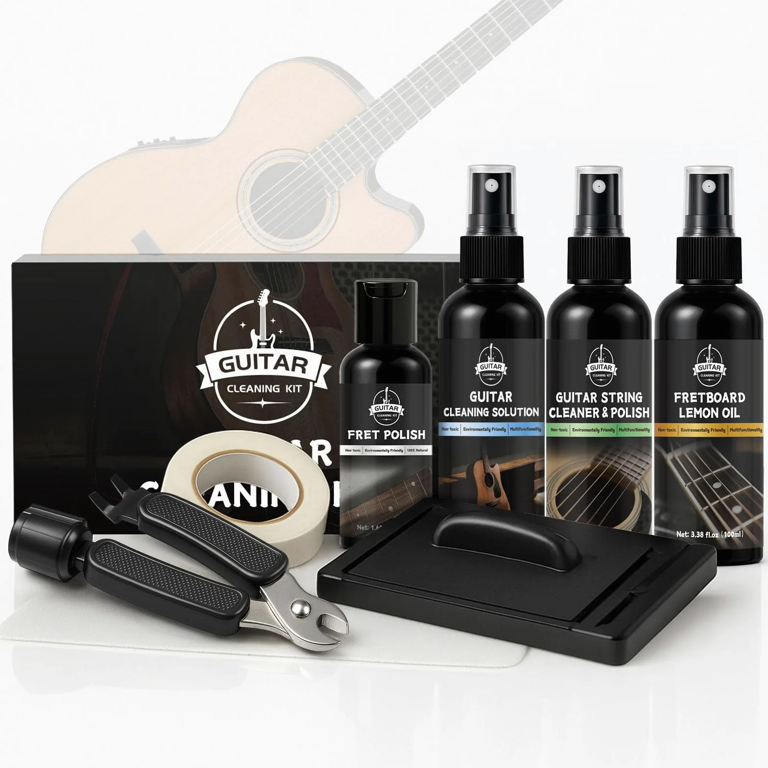 9-teiliges Gitarren-Reinigungsset, Gitarren-Wartungsset enthält Bundpolitur, Reinigungslösung, Griffbrett-Zitronenöl, Saitenreinigung und Politur, Saitenreiniger, Saitenkurbel, 2 Gitarrentuch