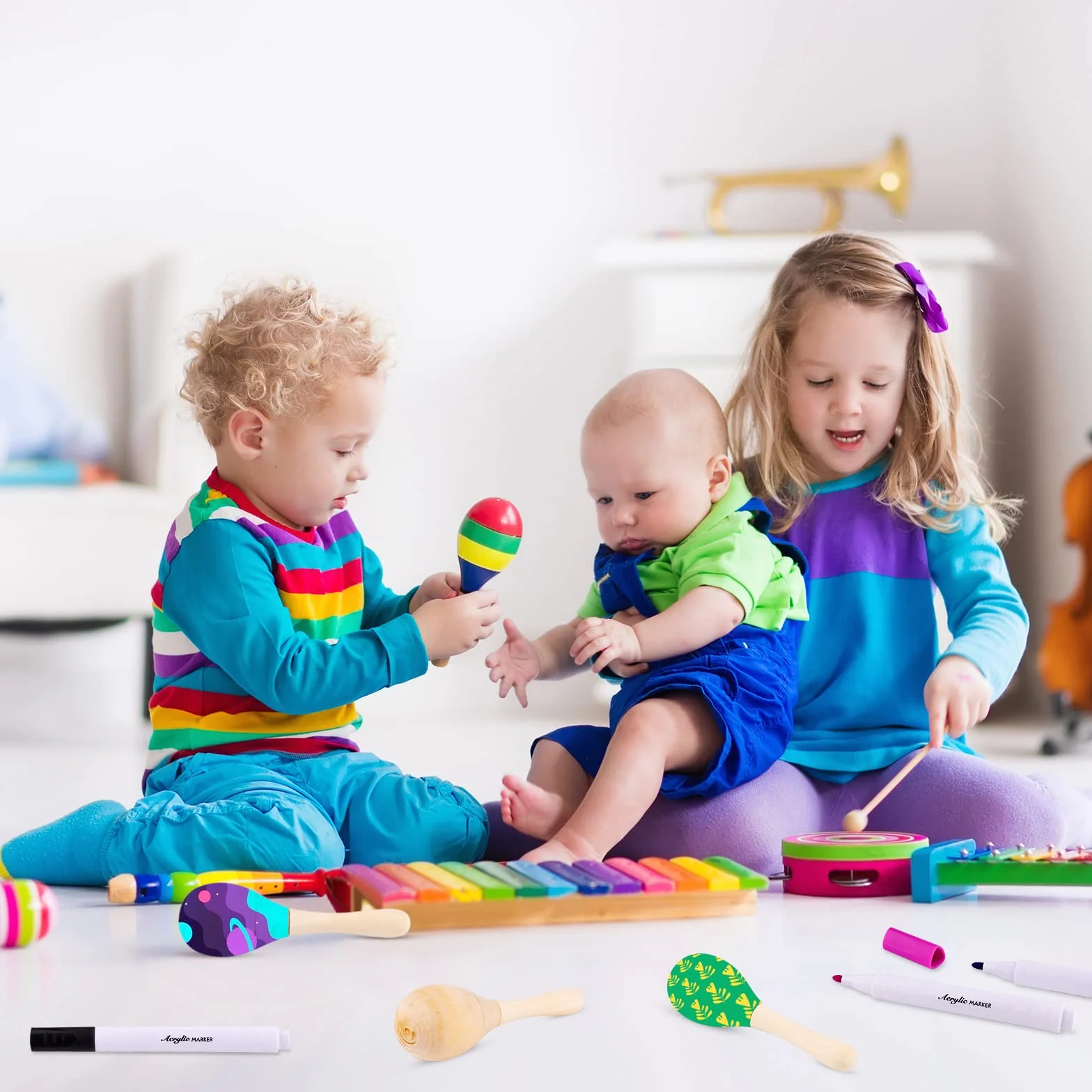 Morcheiong 24 Stück DIY Mini-Holz-Maracas für Kinder mit 24 mehrfarbigen Stiften, Fiesta mexikanische Maracas Mitgebsel, Cinco De Mayo Party-Zubehör Dekorationen